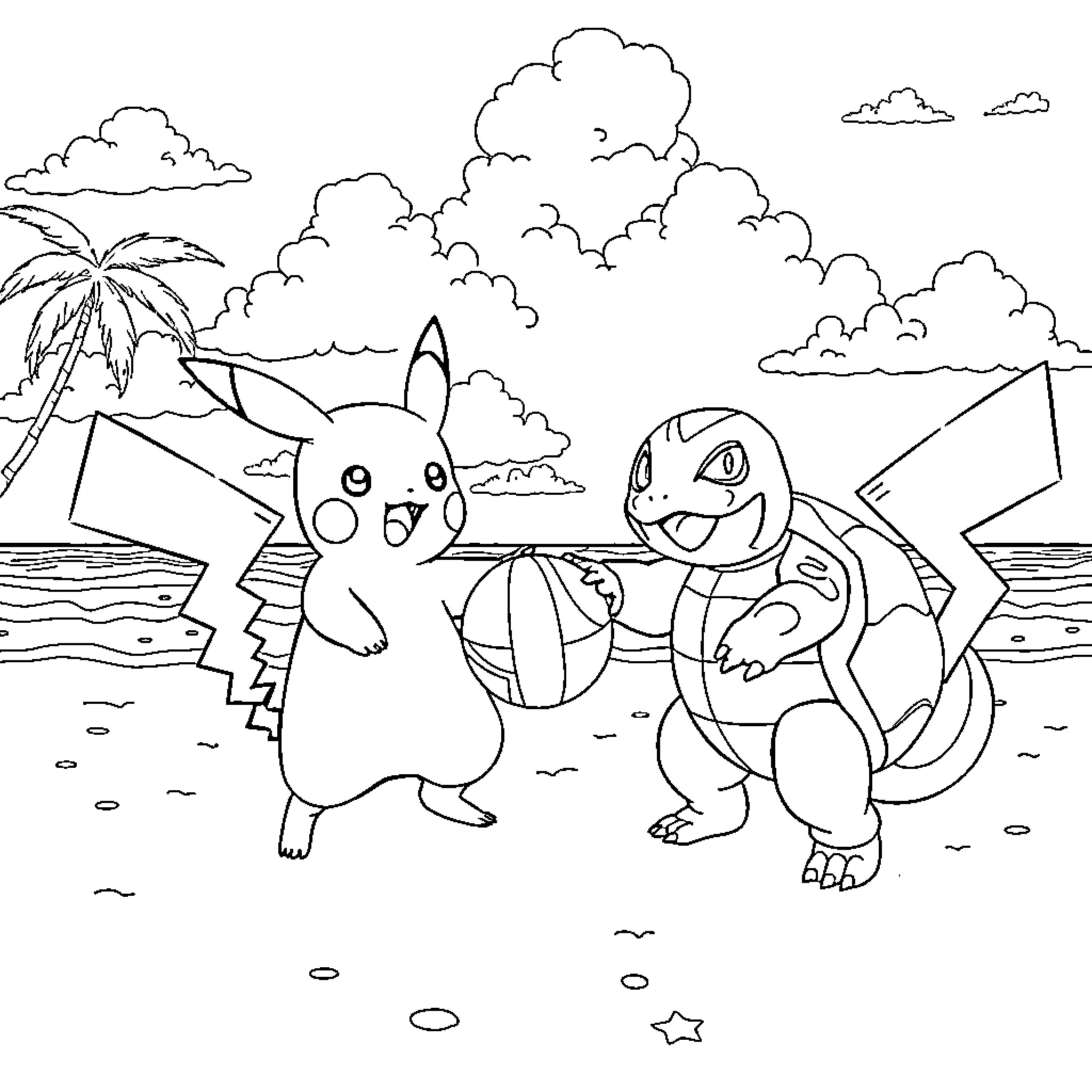 Pikachu and Charmander playing on the beach Coloring Page (free black-and-white line drawing printable PDF for all, from beginners to advanced learners, including children, teens, adults, and seniors)