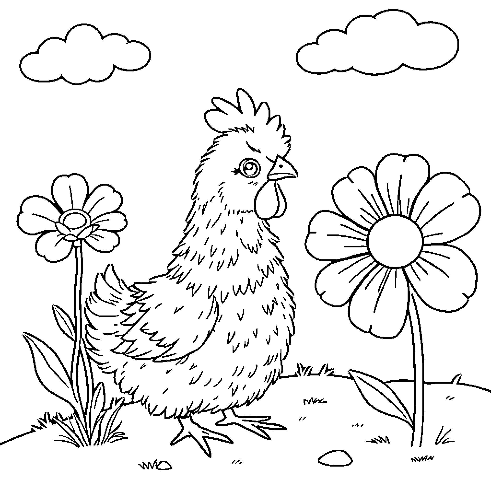 Chicken exploring a floral garden Coloring Page (free black-and-white line drawing printable PDF for all, from beginners to advanced learners, including children, teens, adults, and seniors)