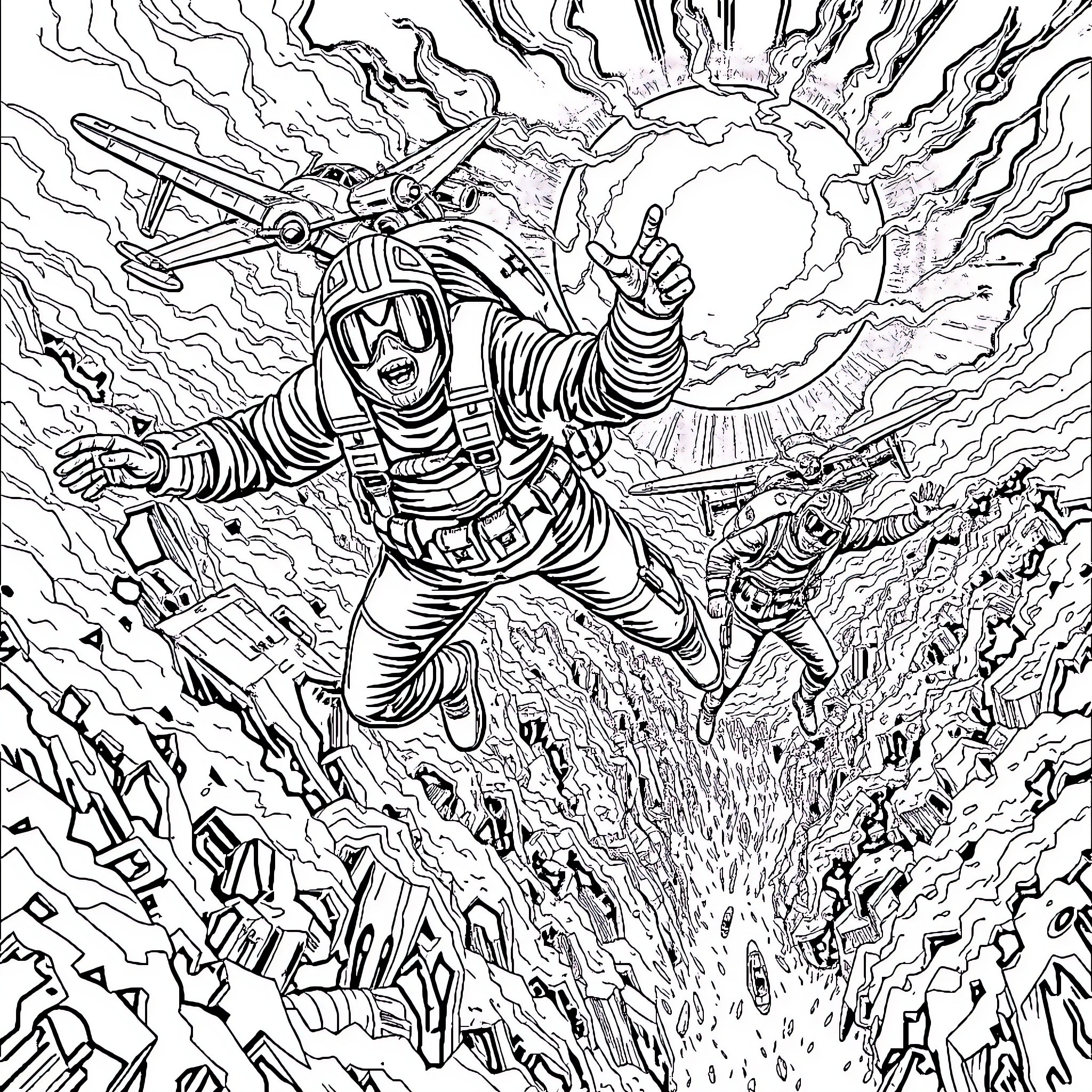 Hell Diver: Explosive Aerial Maneuvers in Chaotic Combat Coloring Page (free black-and-white line drawing printable PDF for all, from beginners to advanced learners, including children, teens, adults, and seniors)