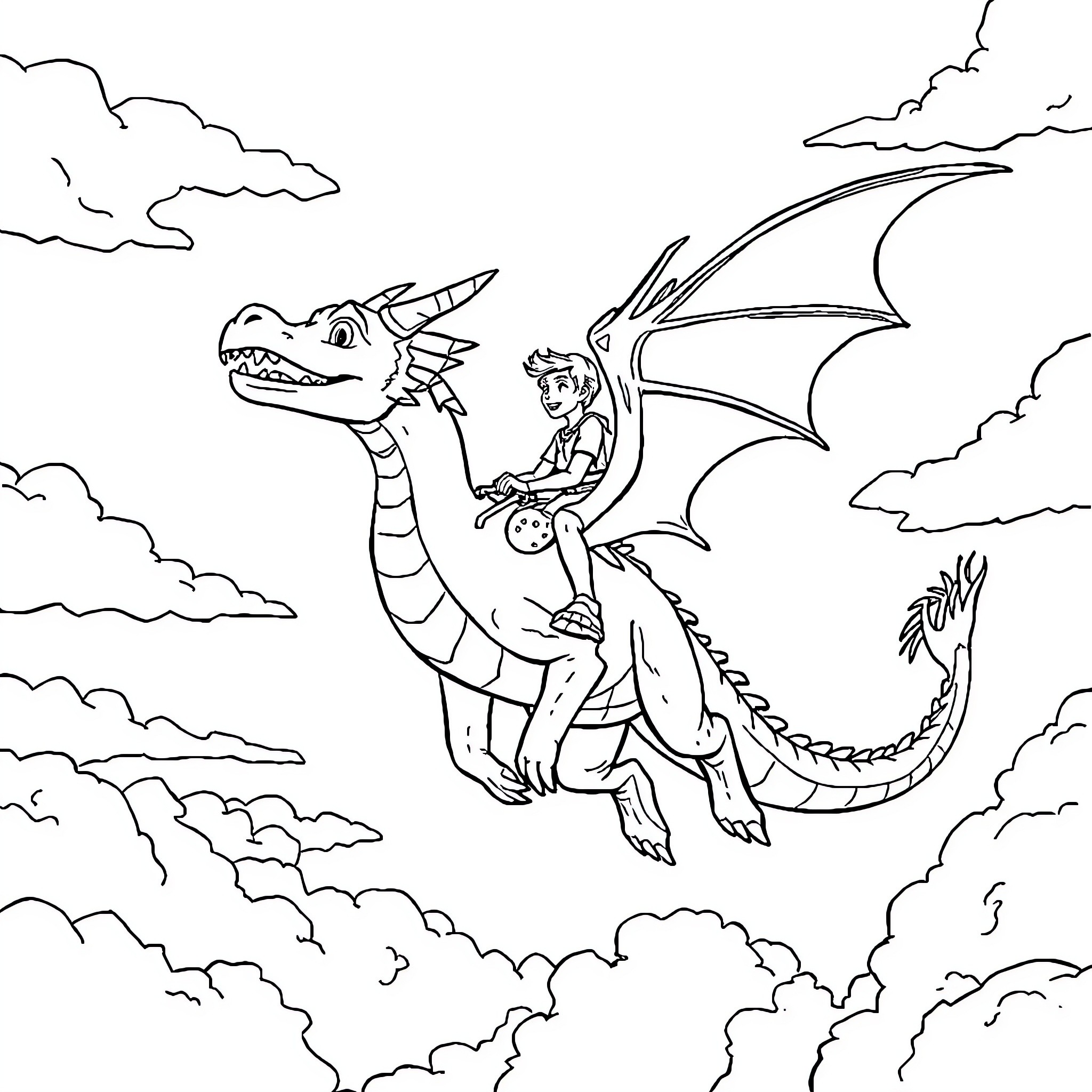 Dragon soaring with a courageous rider Coloring Page (free black-and-white line drawing printable PDF for all, from beginners to advanced learners, including children, teens, adults, and seniors)