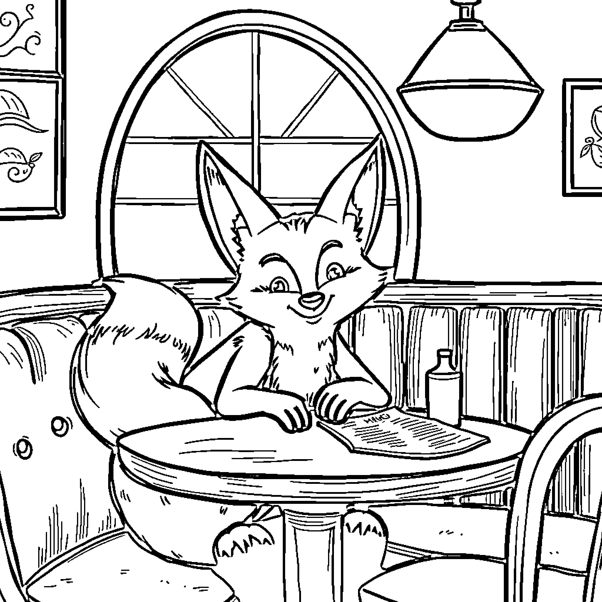 Fox relaxing and reading in a cozy living room Coloring Page (free black-and-white line drawing printable PDF for all, from beginners to advanced learners, including children, teens, adults, and seniors)