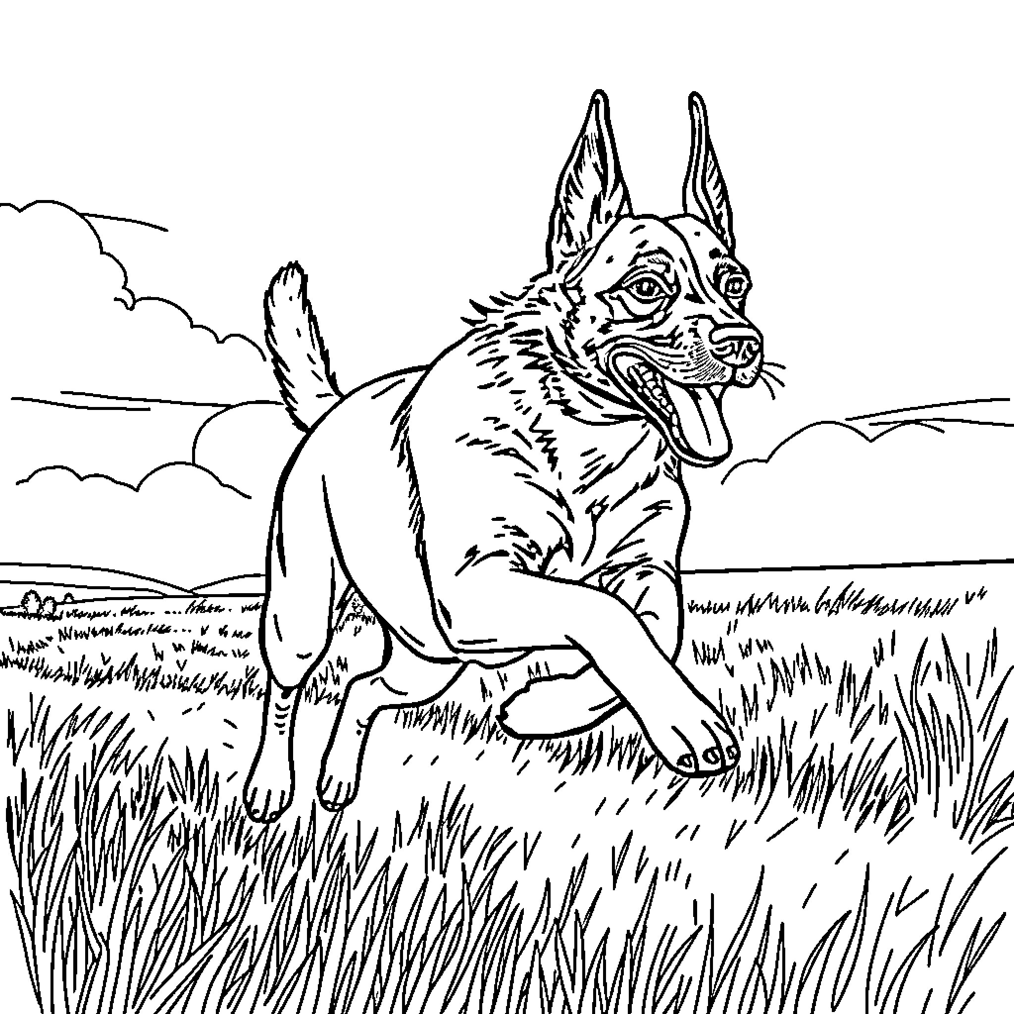 Malinois dog playing in grassy field Coloring Page (free black-and-white line drawing printable PDF for all, from beginners to advanced learners, including children, teens, adults, and seniors)