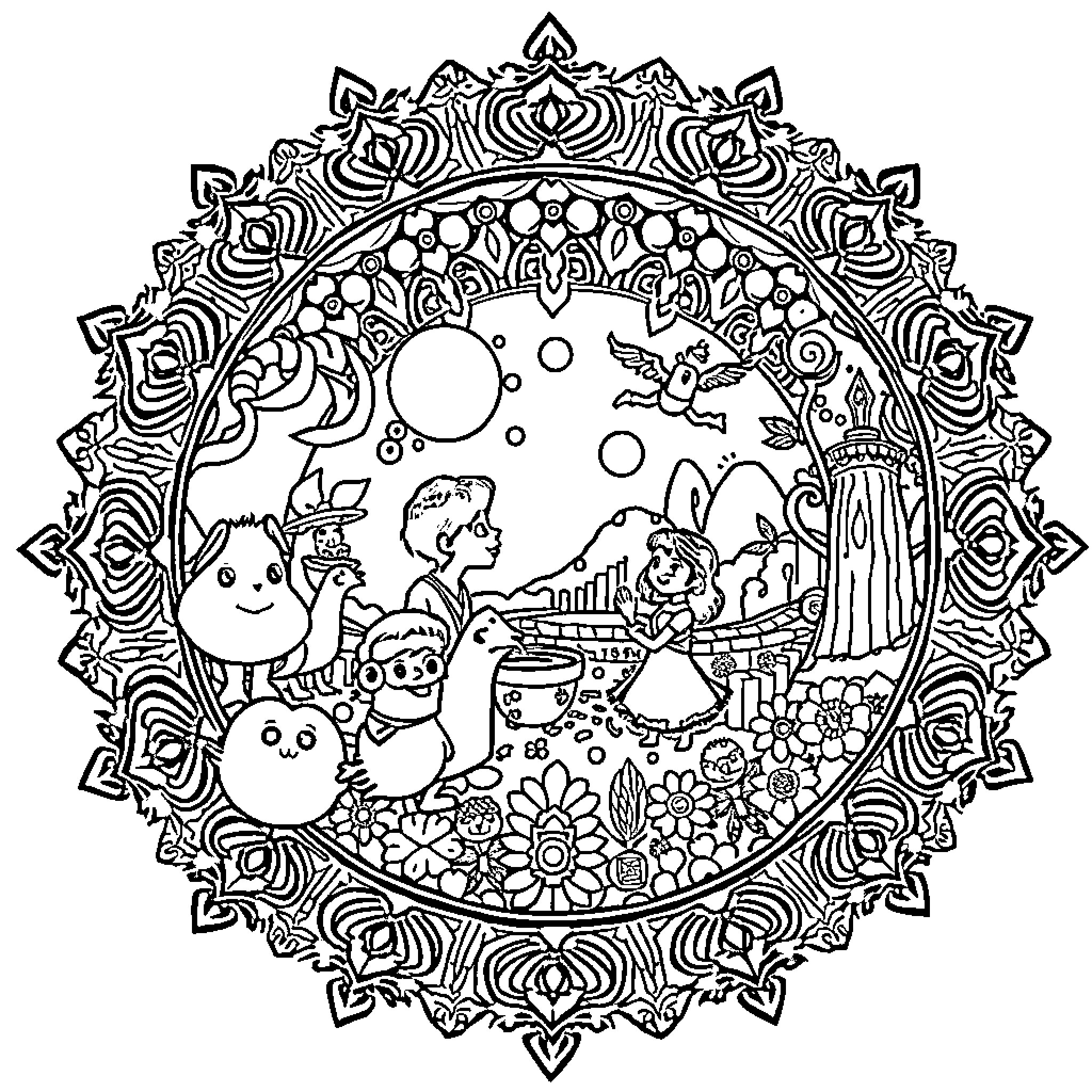 Anime Characters in Magical Floral Mandala Coloring Page (free black-and-white line drawing printable PDF for all, from beginners to advanced learners, including children, teens, adults, and seniors)