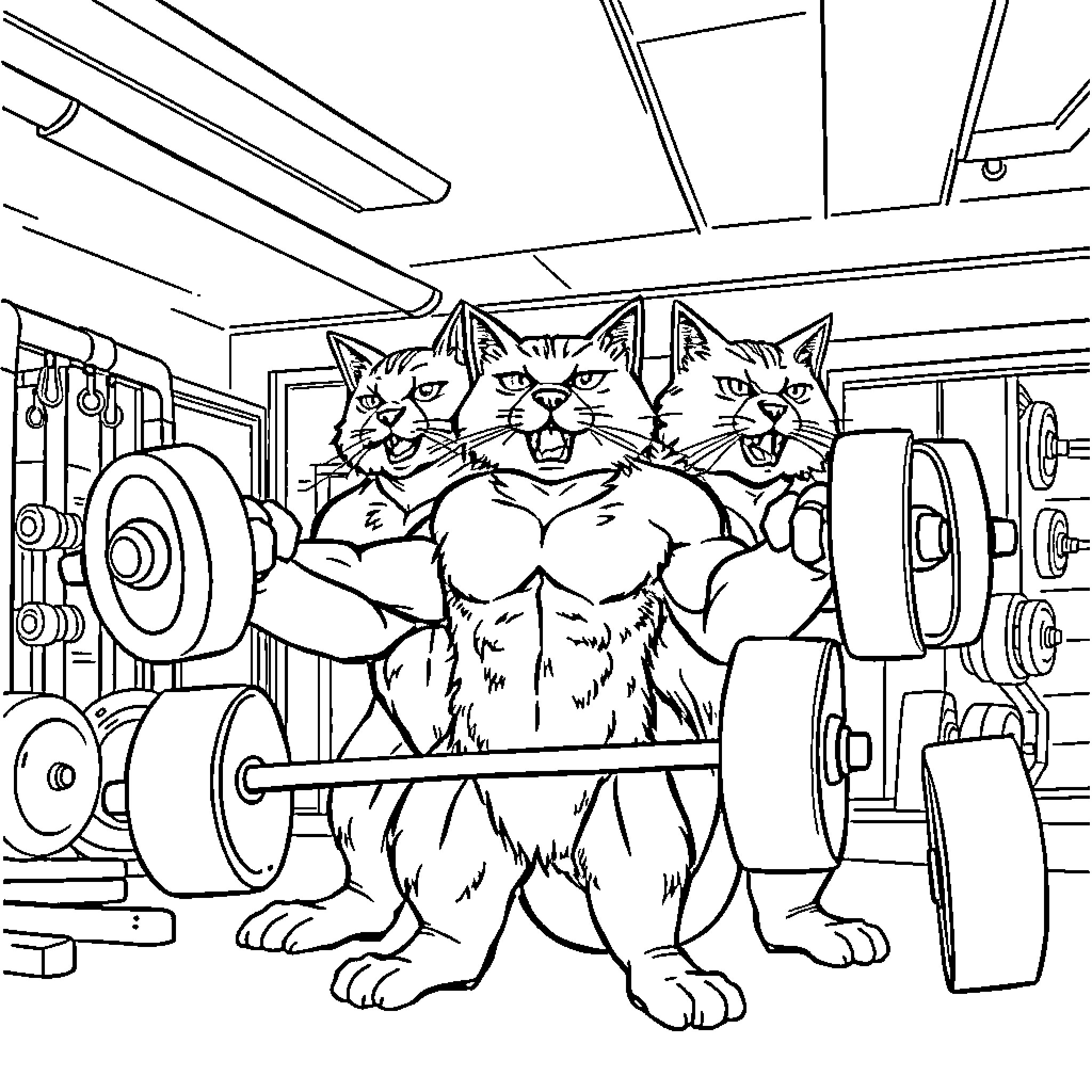 Cats Lifting Weights in a Gym Coloring Page (free black-and-white line drawing printable PDF for all, from beginners to advanced learners, including children, teens, adults, and seniors)