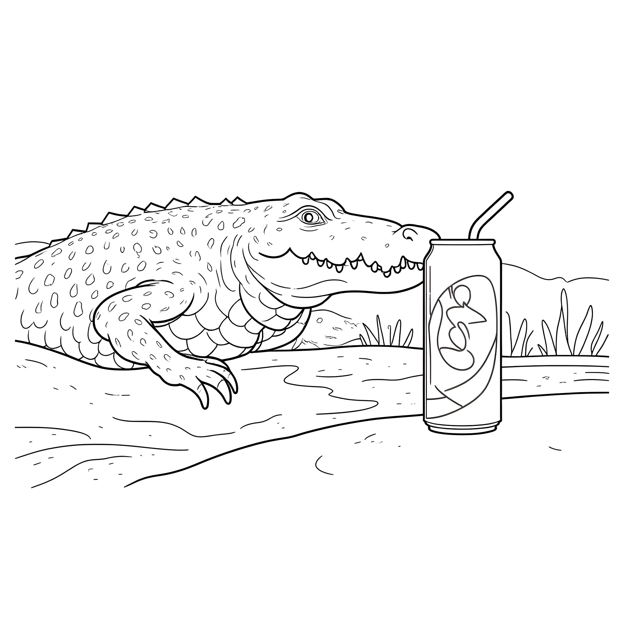 Alligator enjoying a refreshing drink in the swamp Coloring Page (free black-and-white line drawing printable PDF for all, from beginners to advanced learners, including children, teens, adults, and seniors)
