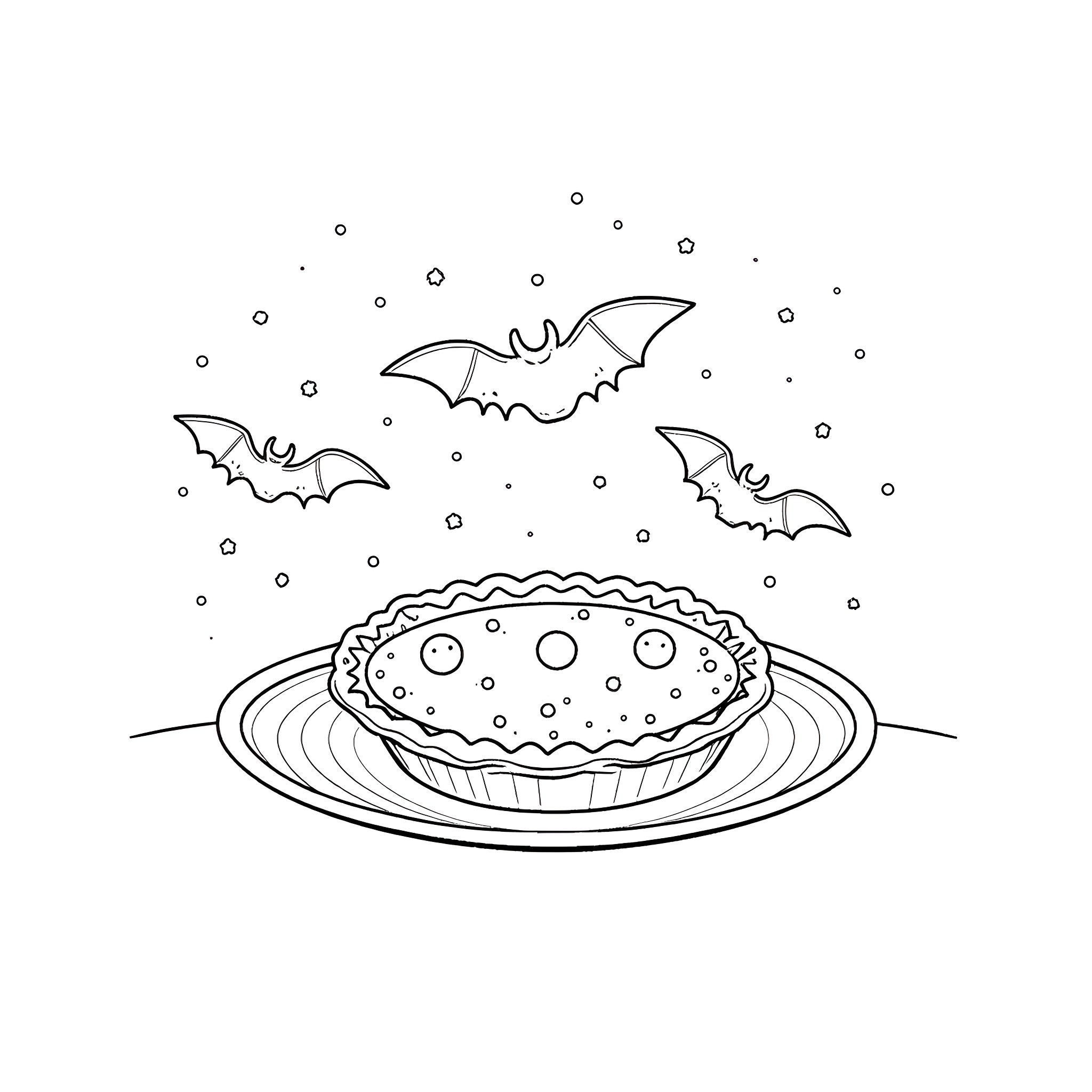 Pie Served with Bats on a Spooky Night Coloring Page (free black-and-white line drawing printable PDF for all, from beginners to advanced learners, including children, teens, adults, and seniors)