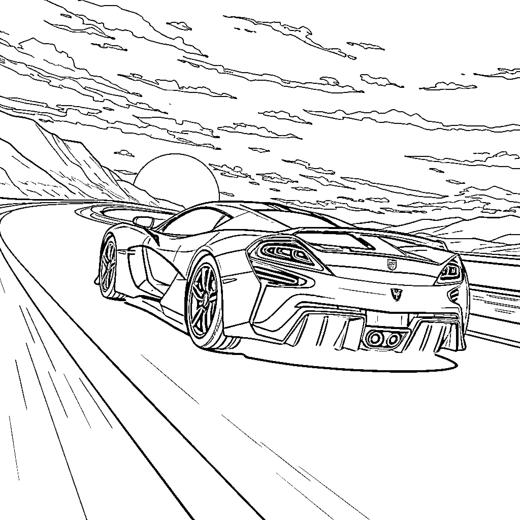 Mirage of a high-speed sports car on the road Coloring Page (free black-and-white line drawing printable PDF for all, from beginners to advanced learners, including children, teens, adults, and seniors)