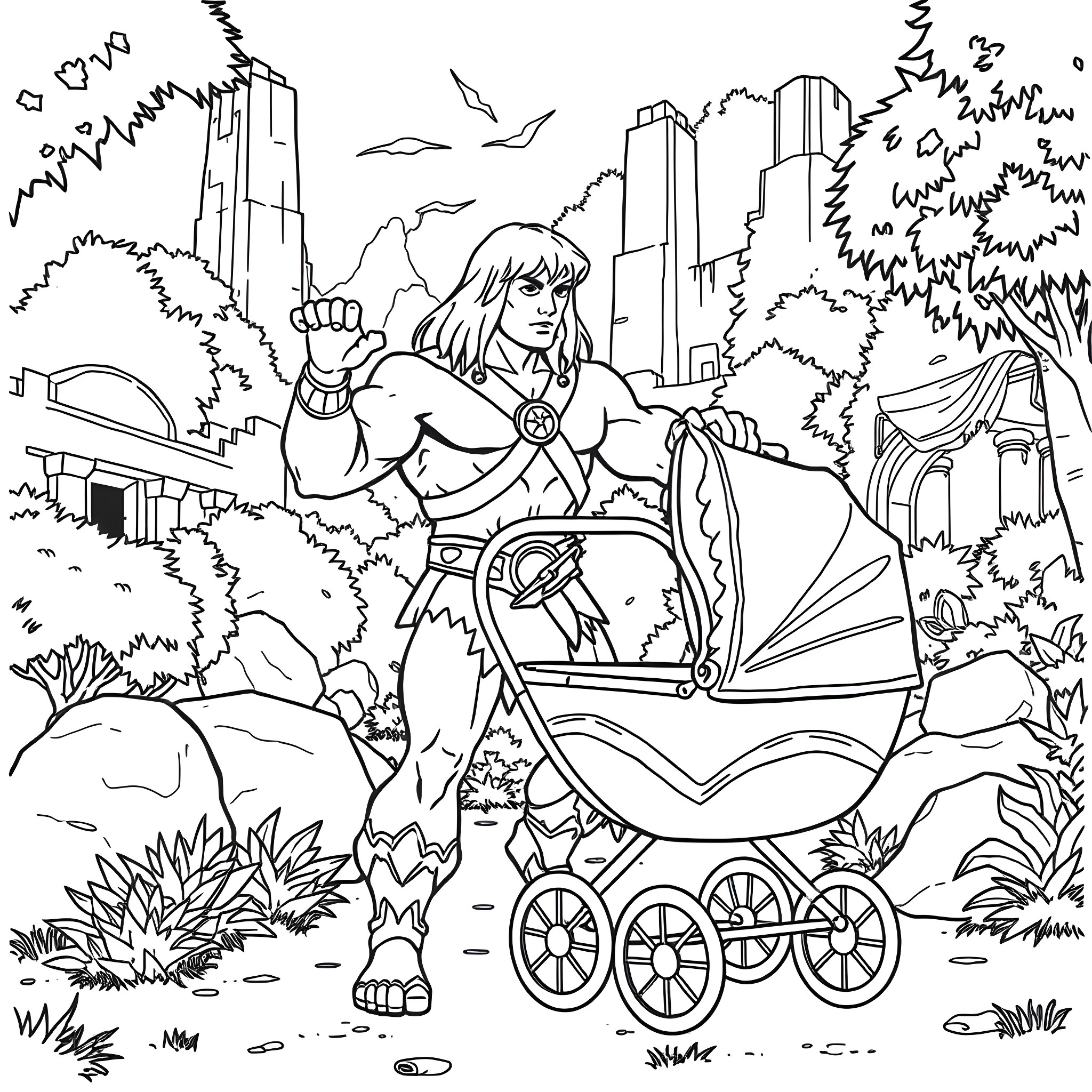 He-Man strolling through the urban jungle with his mighty powers Coloring Page (free black-and-white line drawing printable PDF for all, from beginners to advanced learners, including children, teens, adults, and seniors)
