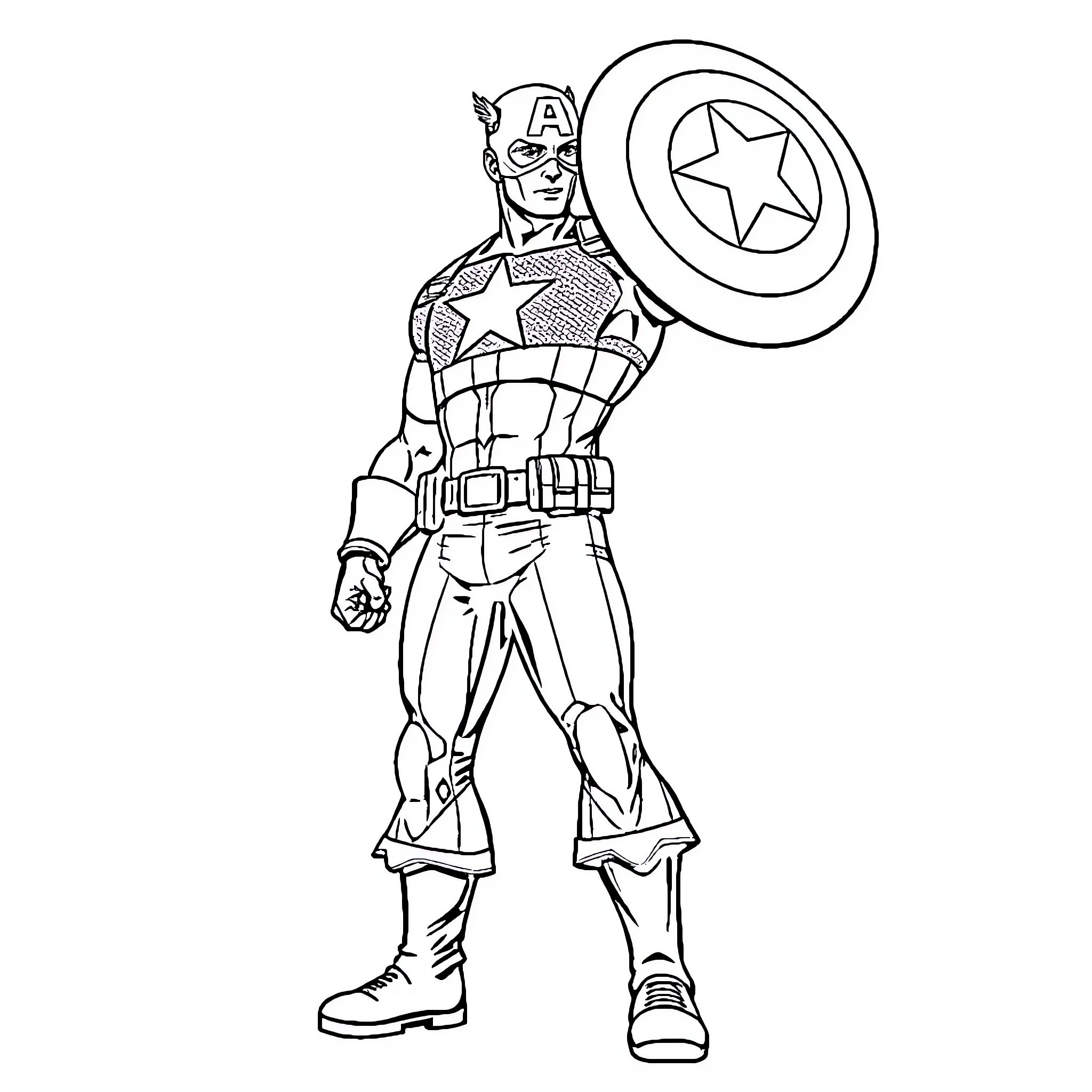 Captain America in heroic pose with shield Coloring Page (free black-and-white line drawing printable PDF for all, from beginners to advanced learners, including children, teens, adults, and seniors)