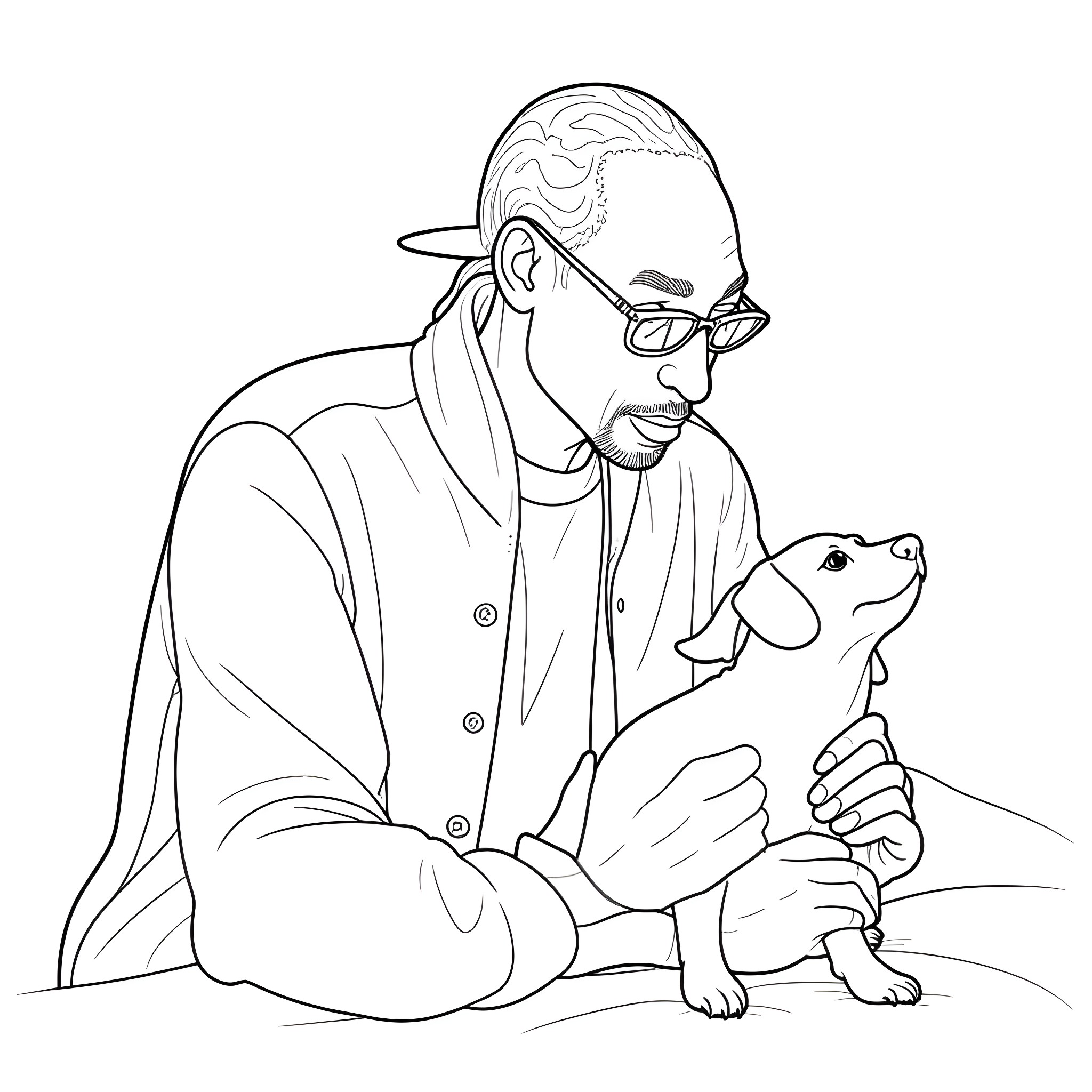 Dachshund and man in casual clothing Coloring Page (free black-and-white line drawing printable PDF for all, from beginners to advanced learners, including children, teens, adults, and seniors)