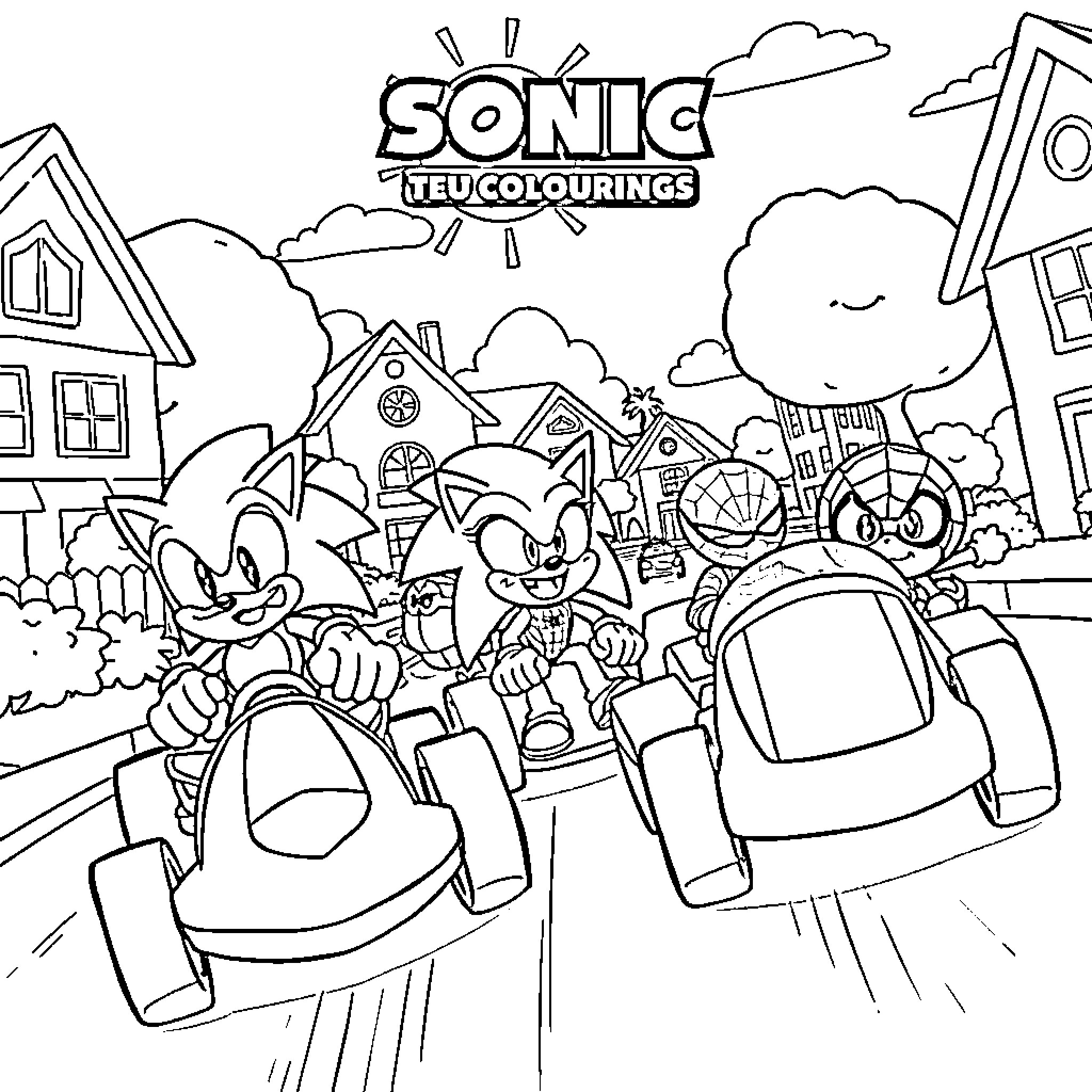 Car characters in a vibrant cartoon town Coloring Page (free black-and-white line drawing printable PDF for all, from beginners to advanced learners, including children, teens, adults, and seniors)
