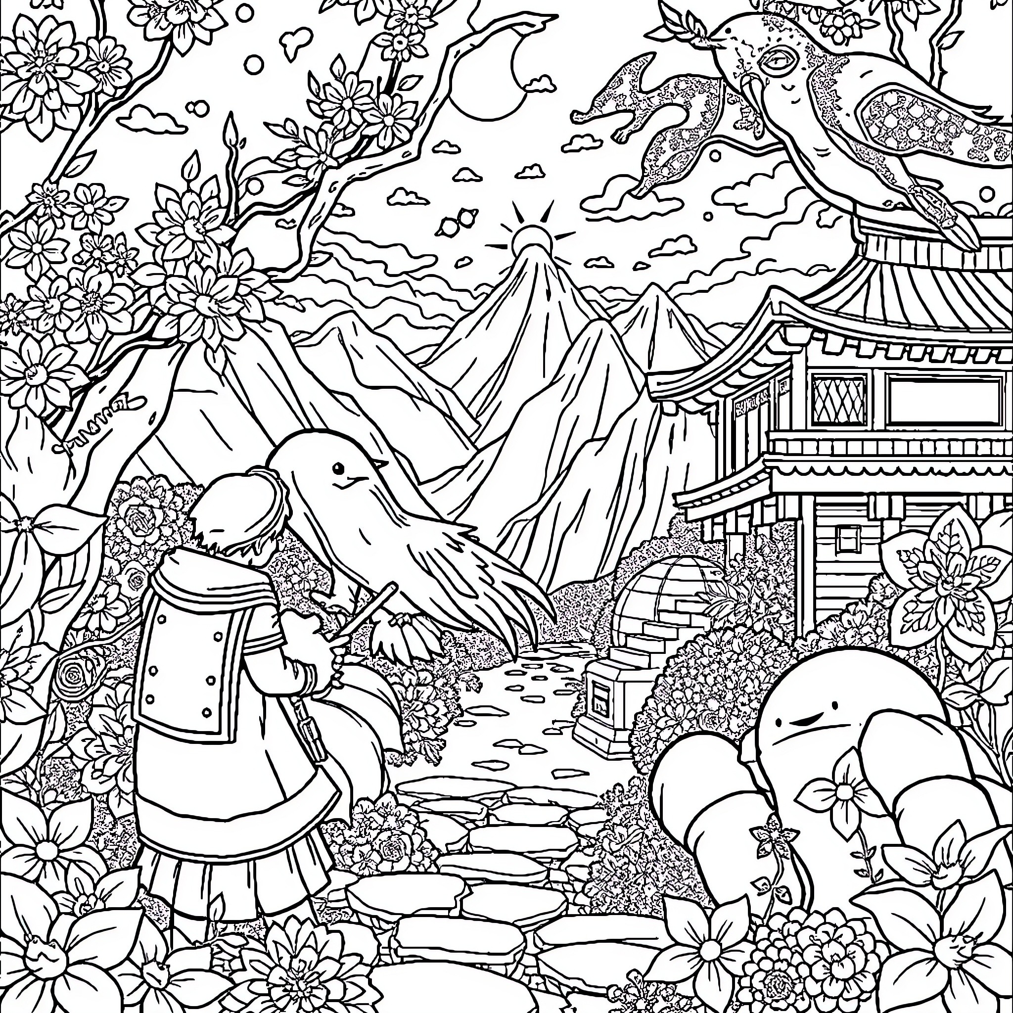 Anime Scenes of Nature, Animals, and Architecture Coloring Page (free black-and-white line drawing printable PDF for all, from beginners to advanced learners, including children, teens, adults, and seniors)