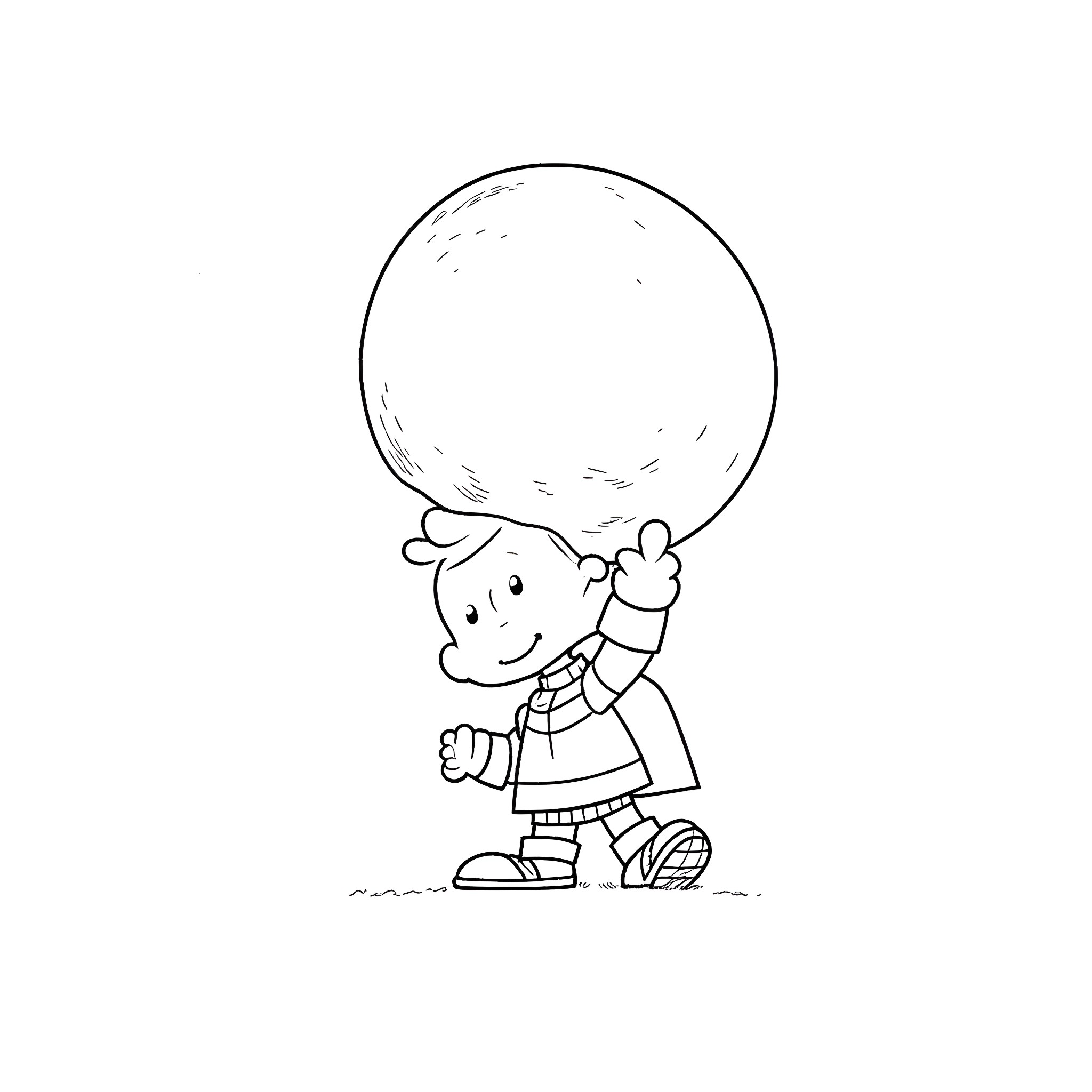Charlie Brown balancing a large ball on his head Coloring Page (free black-and-white line drawing printable PDF for all, from beginners to advanced learners, including children, teens, adults, and seniors)