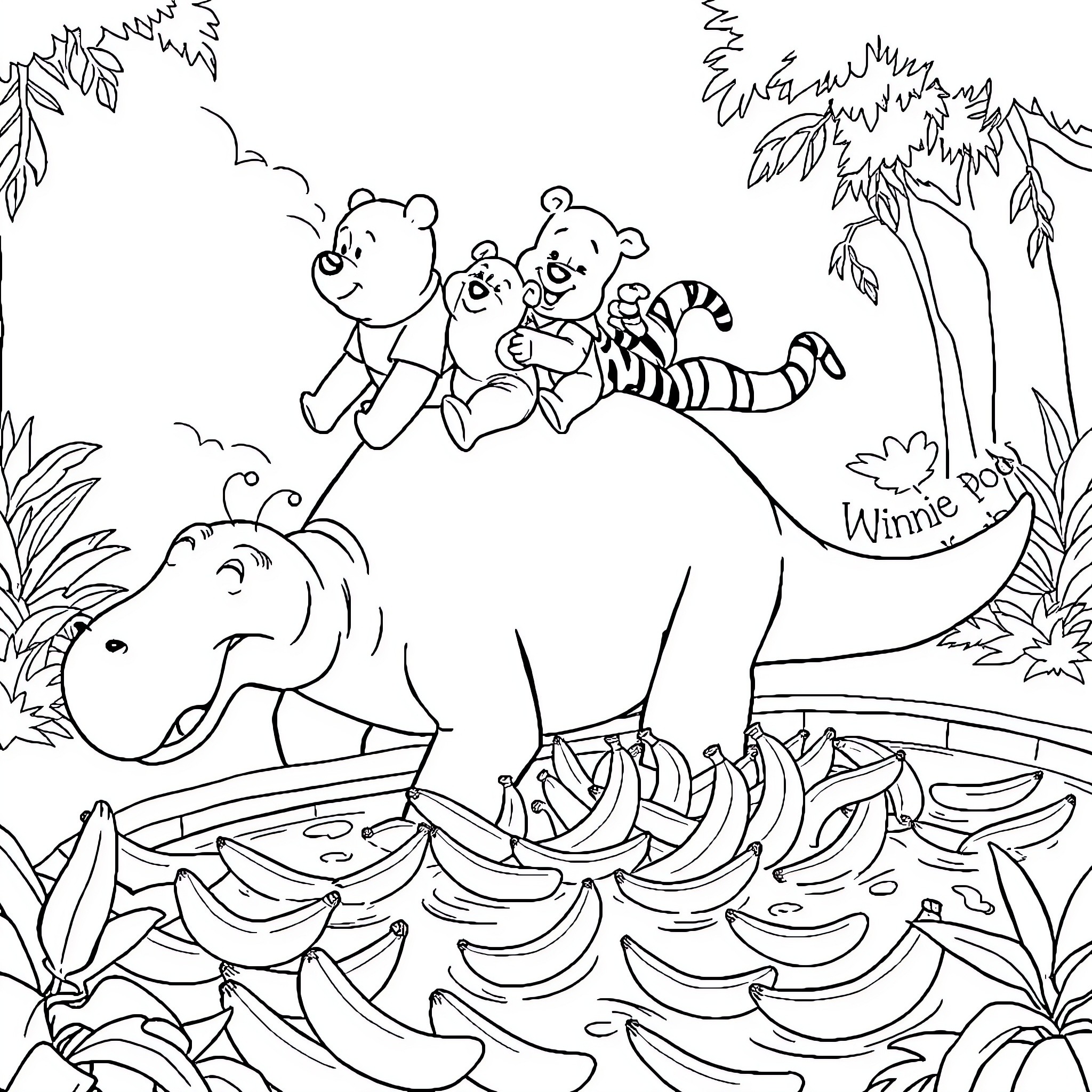 Winnie The Pooh and friends exploring the jungle Coloring Page (free black-and-white line drawing printable PDF for all, from beginners to advanced learners, including children, teens, adults, and seniors)