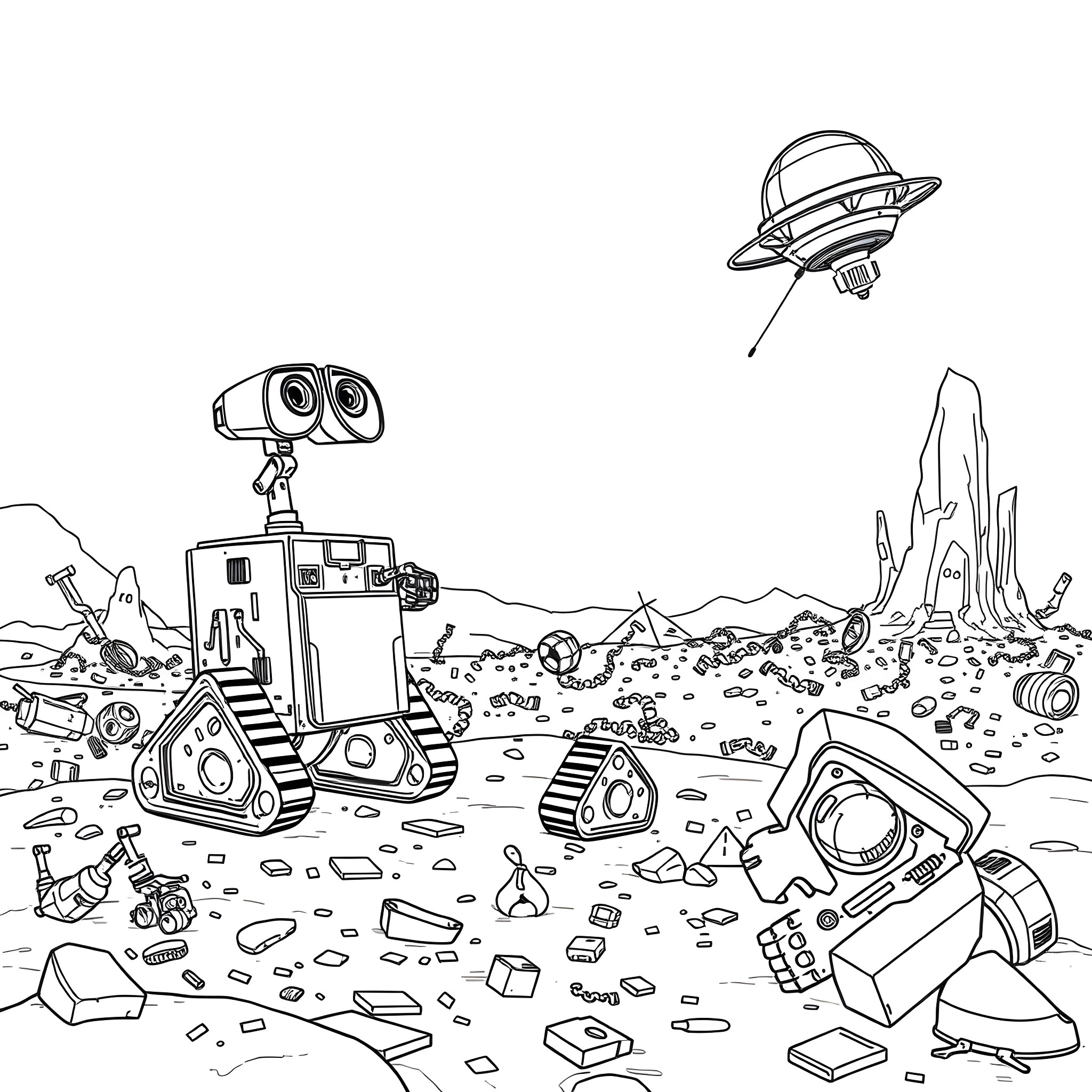Wall-E exploring a rugged alien landscape Coloring Page (free black-and-white line drawing printable PDF for all, from beginners to advanced learners, including children, teens, adults, and seniors)