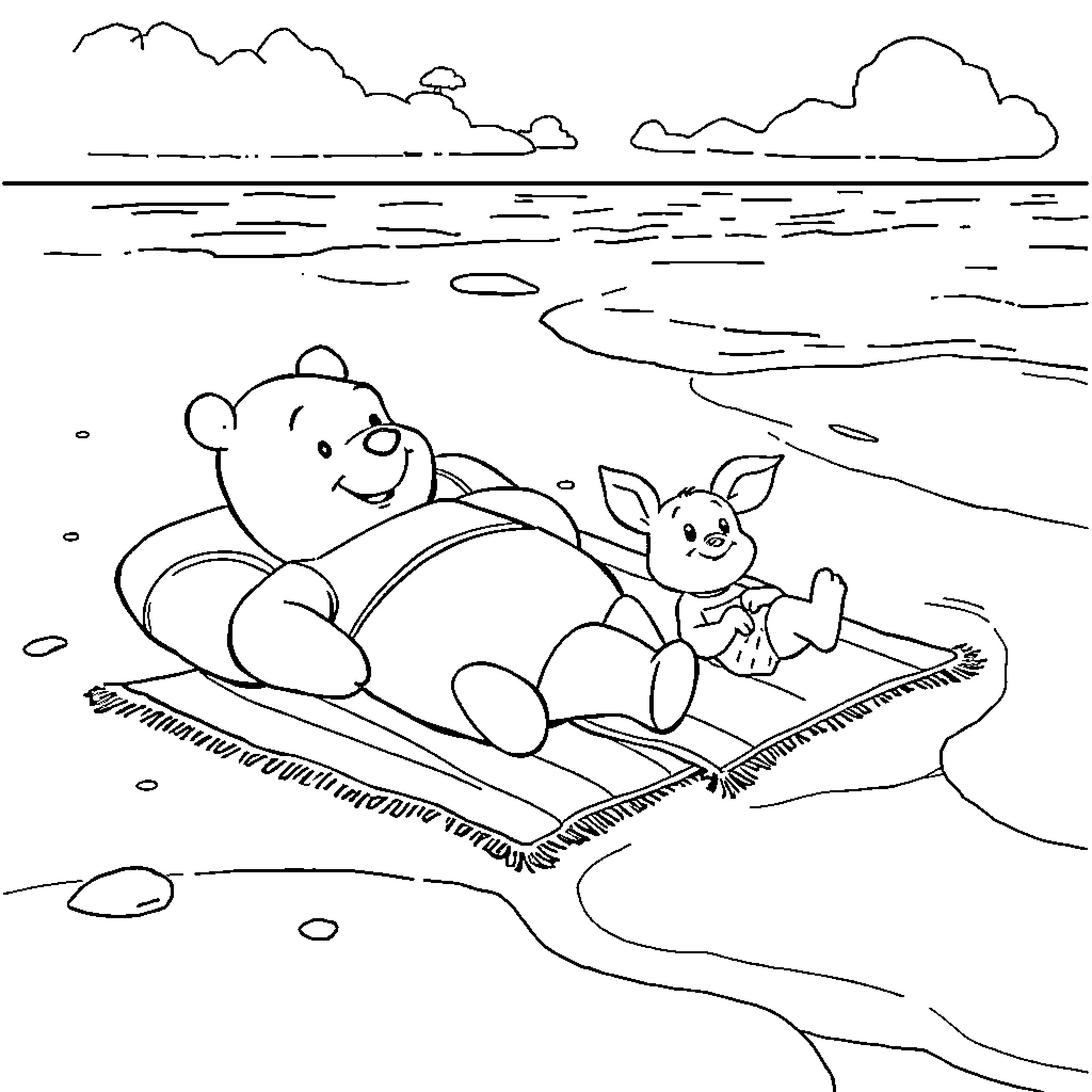 Winnie The Pooh and Piglet enjoying a day at the beach Coloring Page (free black-and-white line drawing printable PDF for all, from beginners to advanced learners, including children, teens, adults, and seniors)