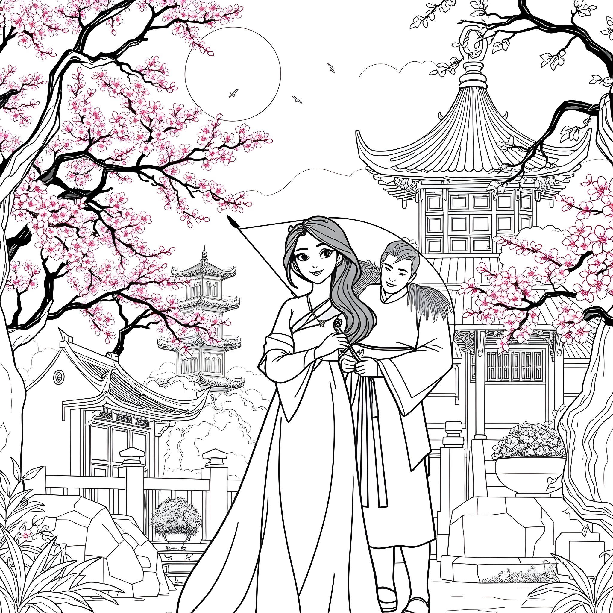 Mulan enjoying the cherry blossom scenery with companion Coloring Page (free black-and-white line drawing printable PDF for all, from beginners to advanced learners, including children, teens, adults, and seniors)