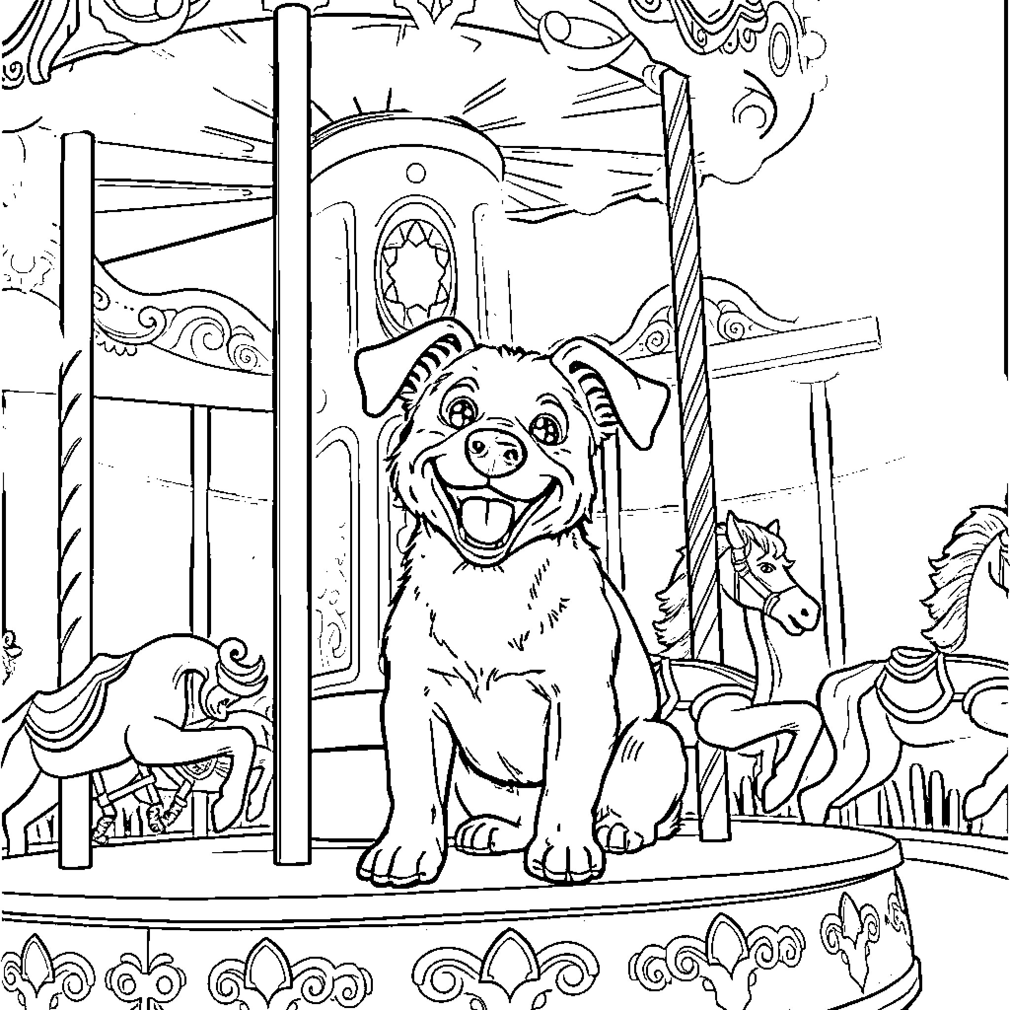 Dog enjoying the carousel ride Coloring Page (free black-and-white line drawing printable PDF for all, from beginners to advanced learners, including children, teens, adults, and seniors)
