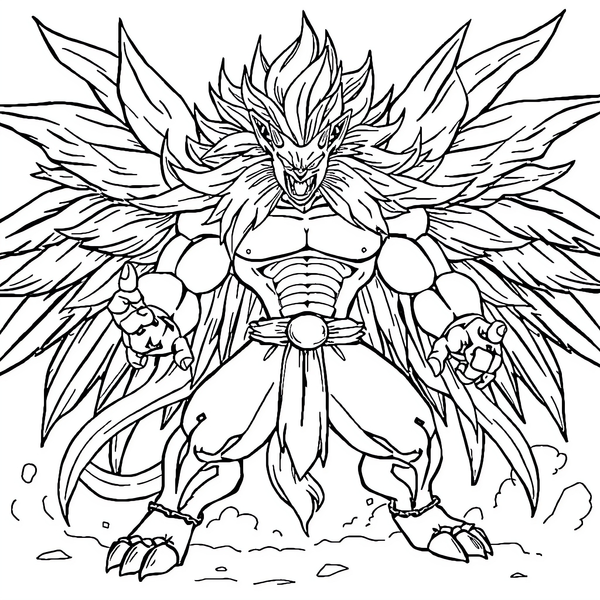 Sangoku's Fierce Transformation Revealed Coloring Page (free black-and-white line drawing printable PDF for all, from beginners to advanced learners, including children, teens, adults, and seniors)