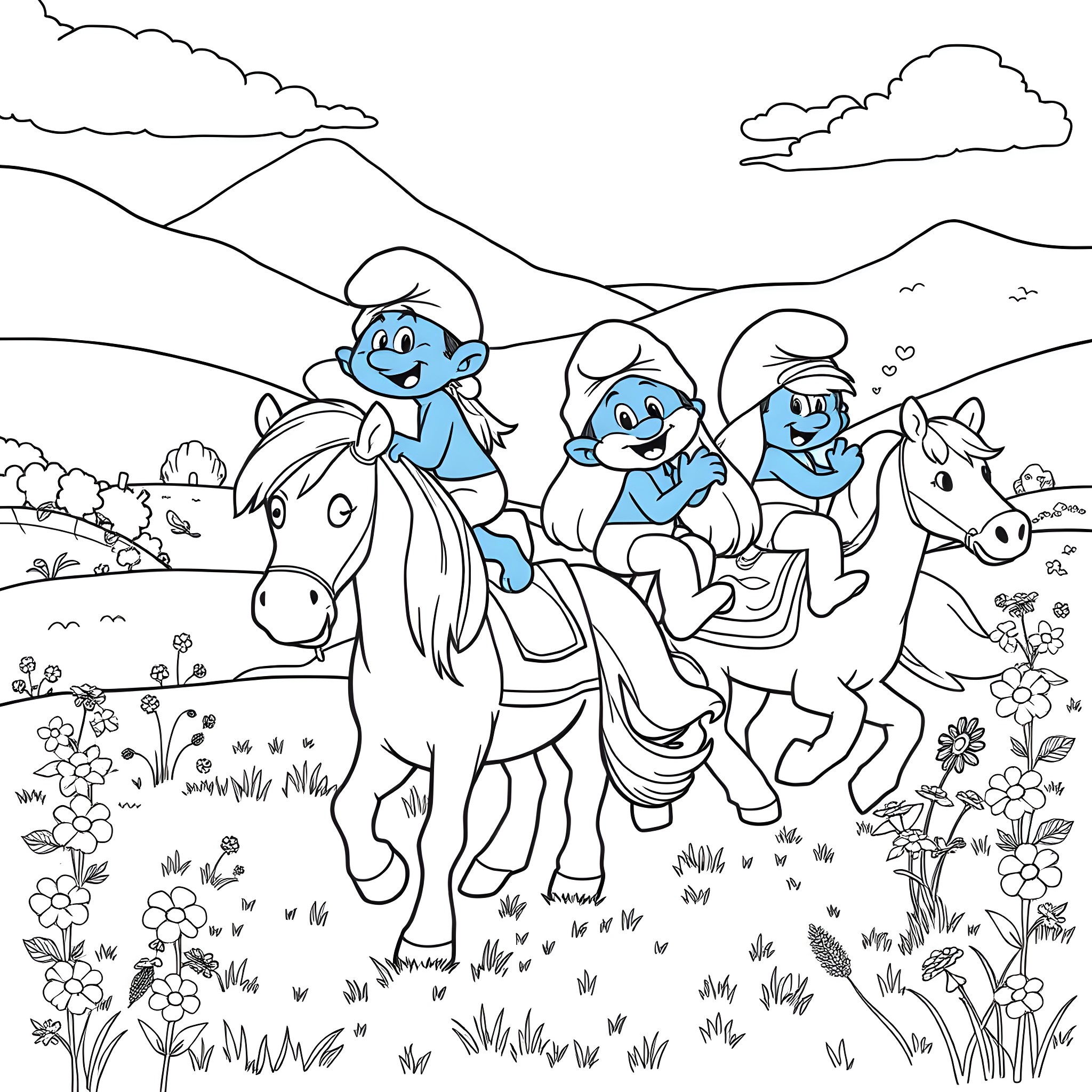 Smurfs on a Picnic Adventure Coloring Page (free black-and-white line drawing printable PDF for all, from beginners to advanced learners, including children, teens, adults, and seniors)