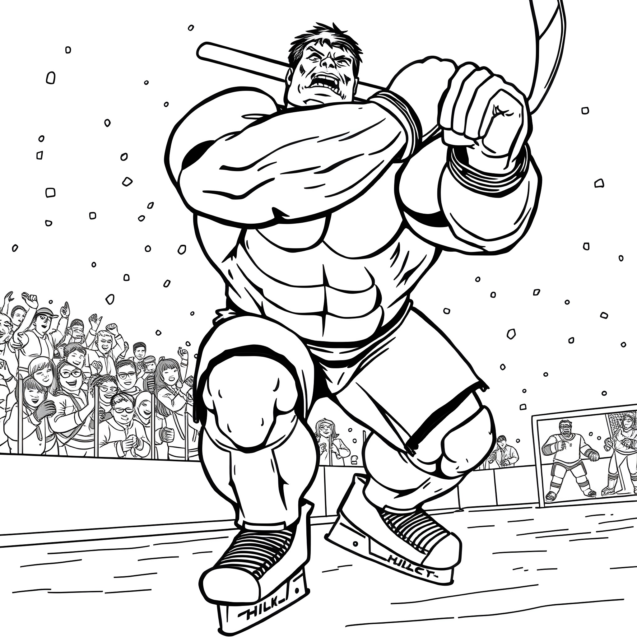 Hulk Smashing Through the Crowd Coloring Page (free black-and-white line drawing printable PDF for all, from beginners to advanced learners, including children, teens, adults, and seniors)