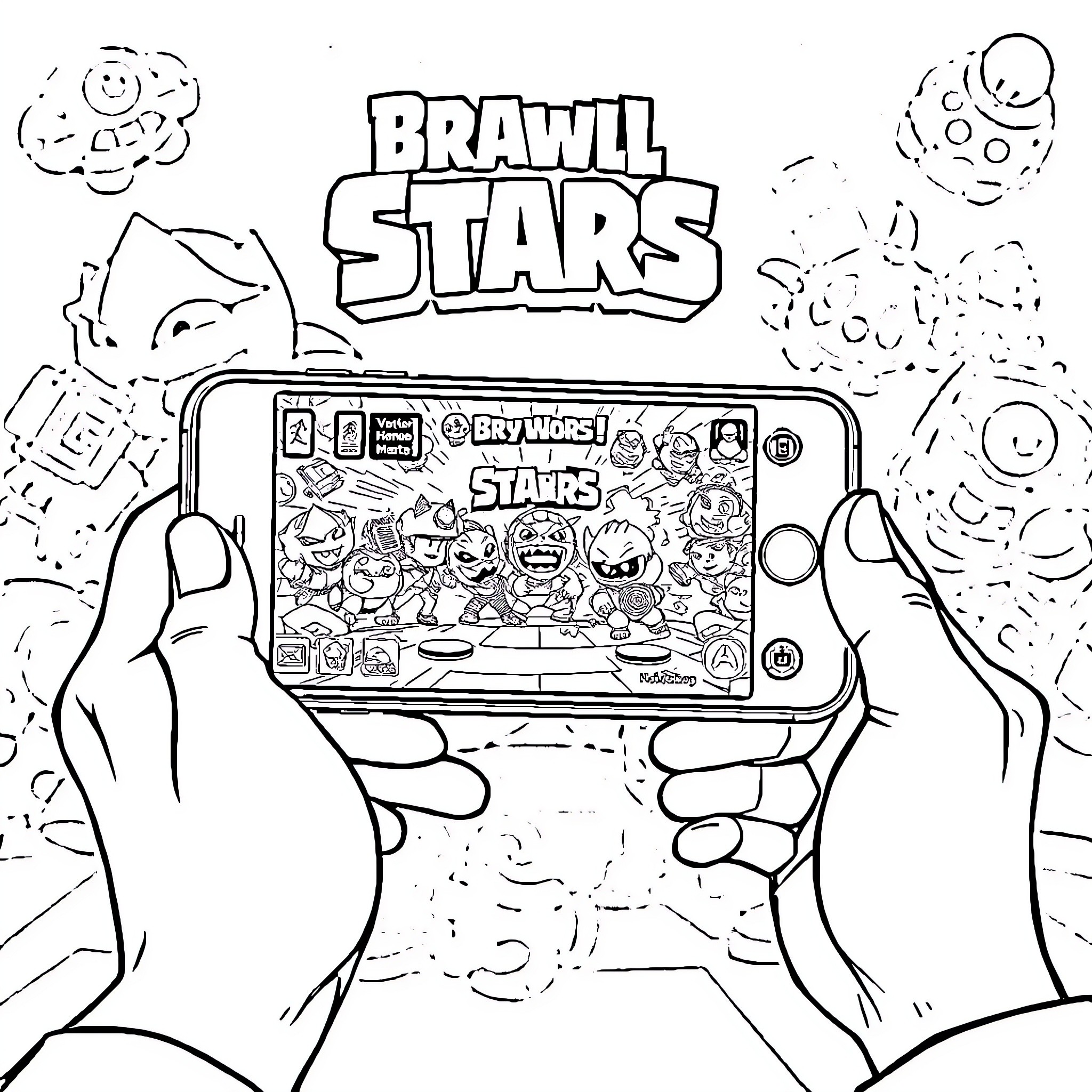 Brawl Stars: Smartphone game with animated characters Coloring Page (free black-and-white line drawing printable PDF for all, from beginners to advanced learners, including children, teens, adults, and seniors)