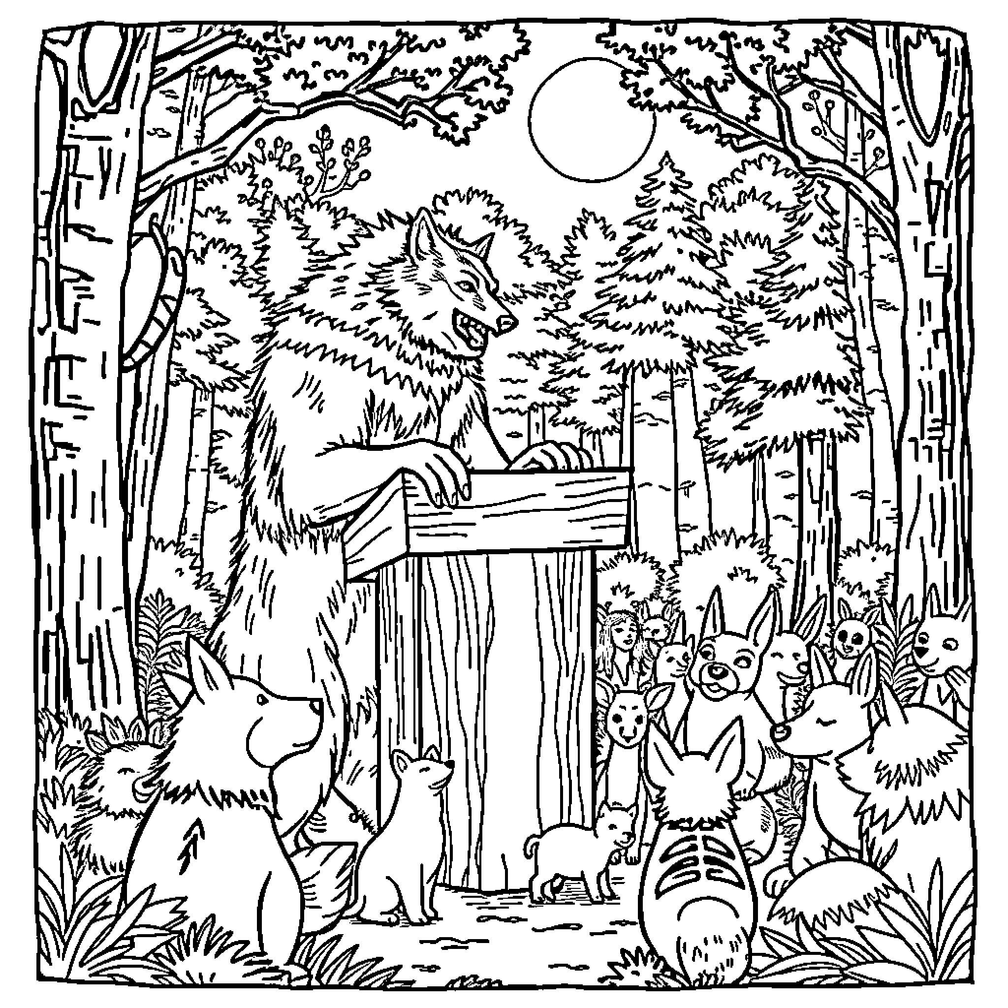 Wolf howling in the moonlit forest Coloring Page (free black-and-white line drawing printable PDF for all, from beginners to advanced learners, including children, teens, adults, and seniors)
