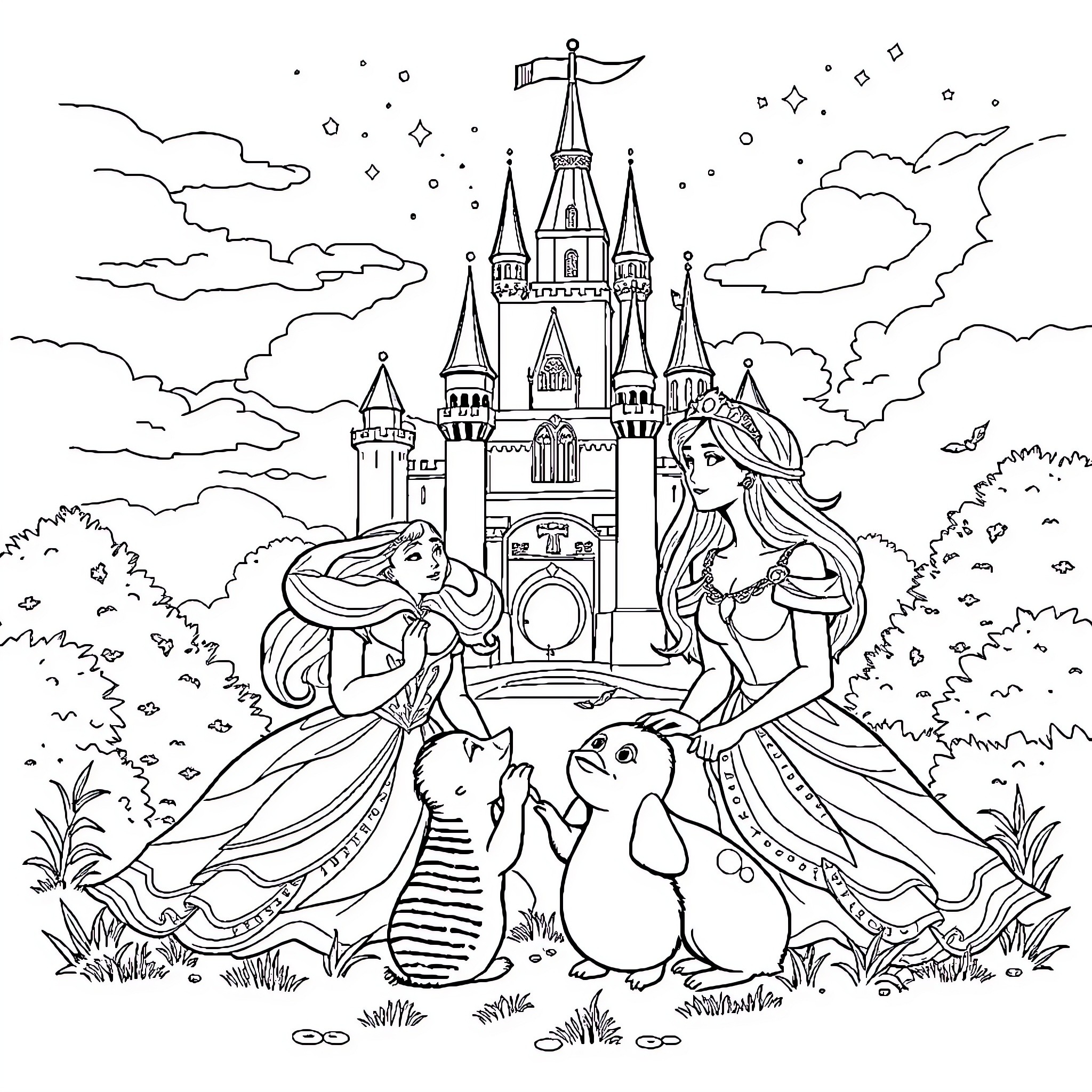 Princesa and her friends in the magical castle Coloring Page (free black-and-white line drawing printable PDF for all, from beginners to advanced learners, including children, teens, adults, and seniors)