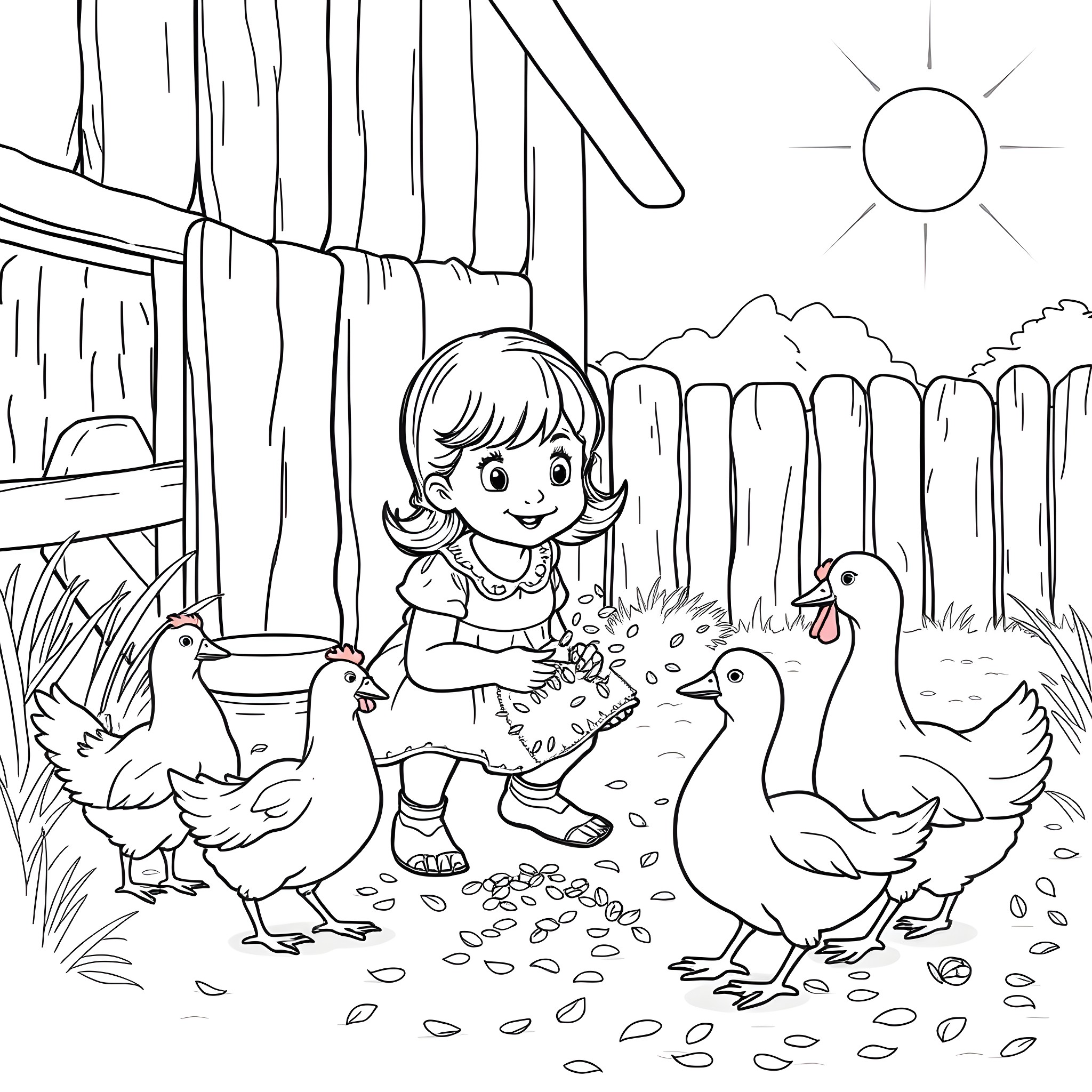 Girl feeding chickens and ducks in the countryside Coloring Page (free black-and-white line drawing printable PDF for all, from beginners to advanced learners, including children, teens, adults, and seniors)