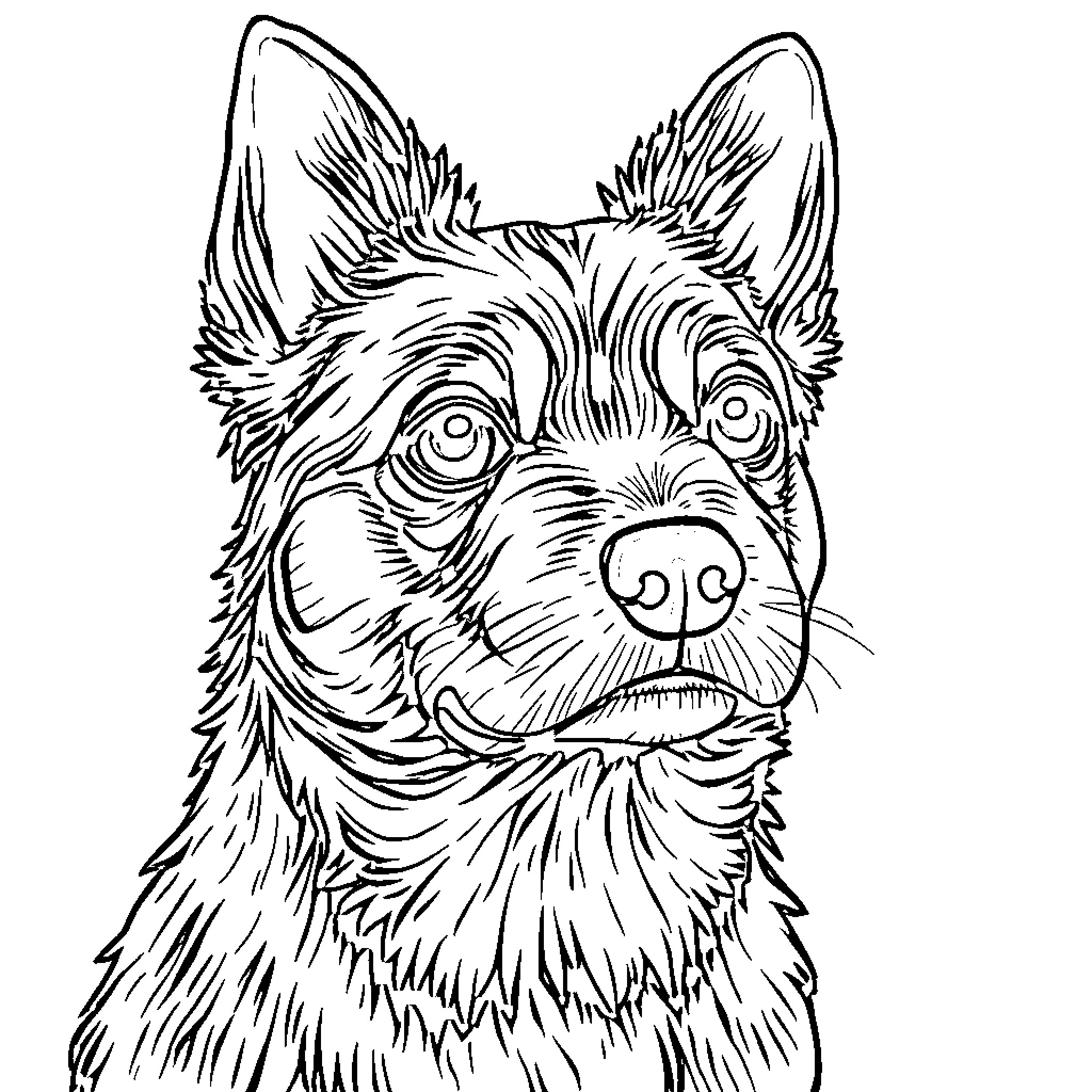 Dog with expressive eyes and fluffy fur Coloring Page (free black-and-white line drawing printable PDF for all, from beginners to advanced learners, including children, teens, adults, and seniors)