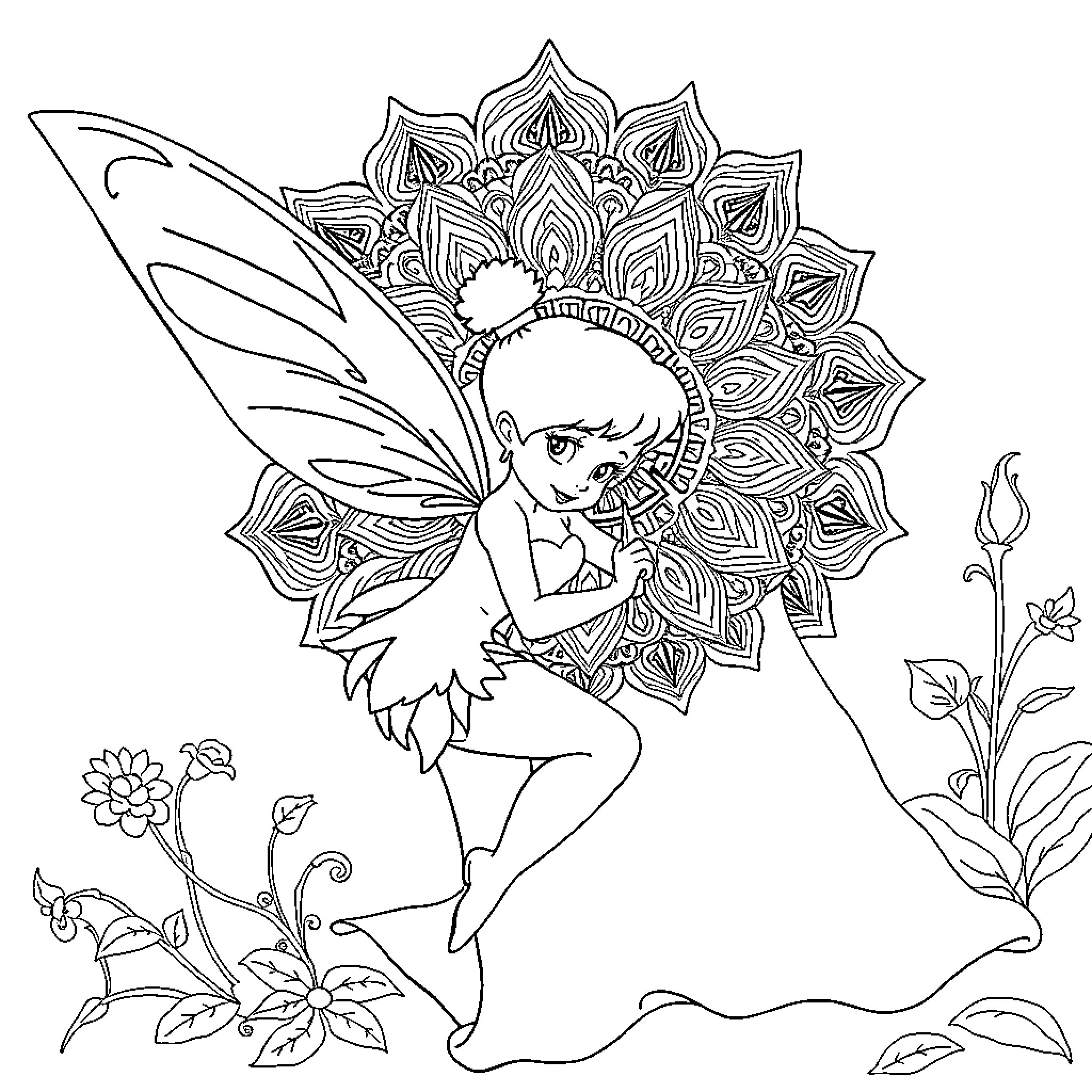 Tinkerbell's Enchanted Fairy Garden Coloring Page (free black-and-white line drawing printable PDF for all, from beginners to advanced learners, including children, teens, adults, and seniors)
