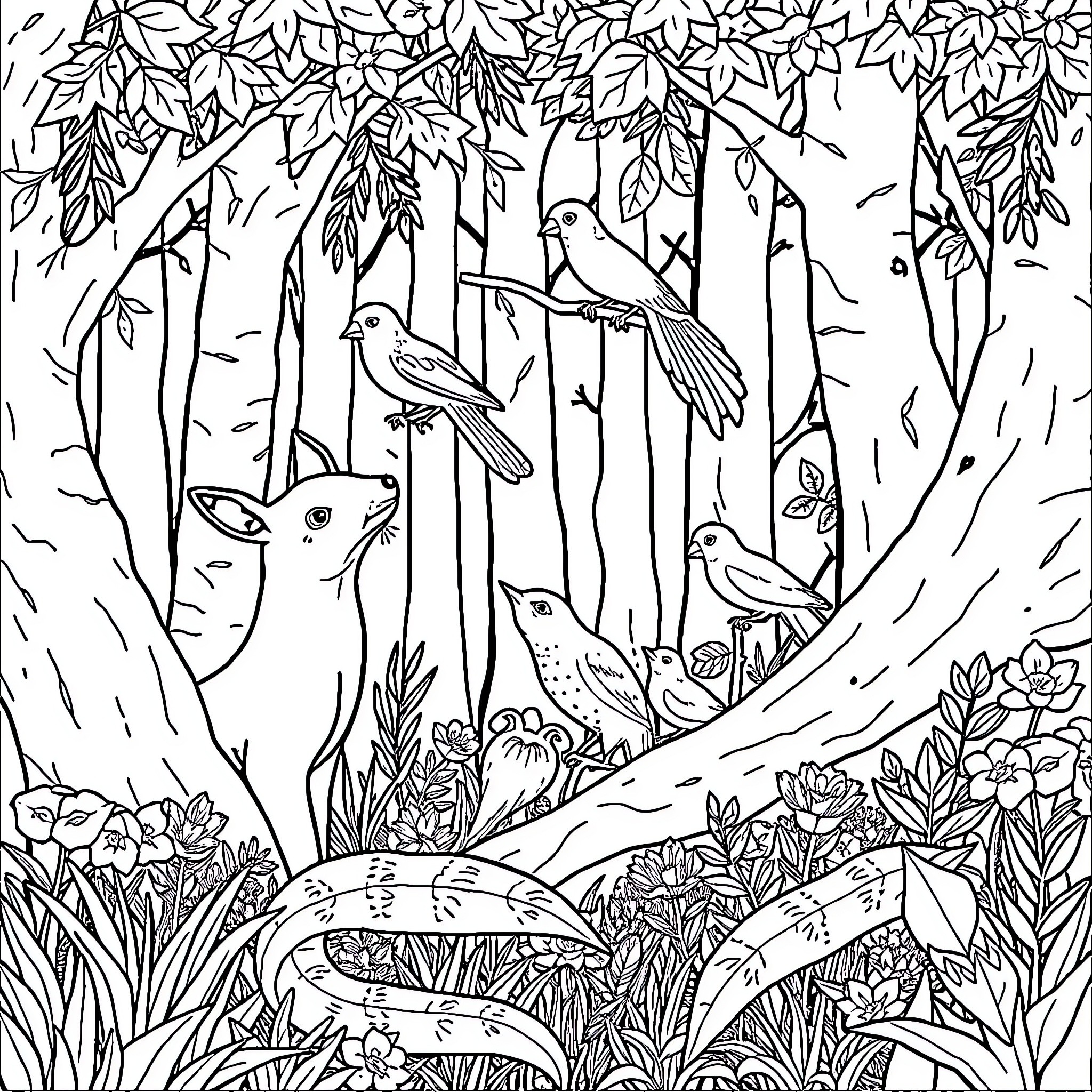 Forest Animals Exploring the Lush Woodland Coloring Page (free black-and-white line drawing printable PDF for all, from beginners to advanced learners, including children, teens, adults, and seniors)