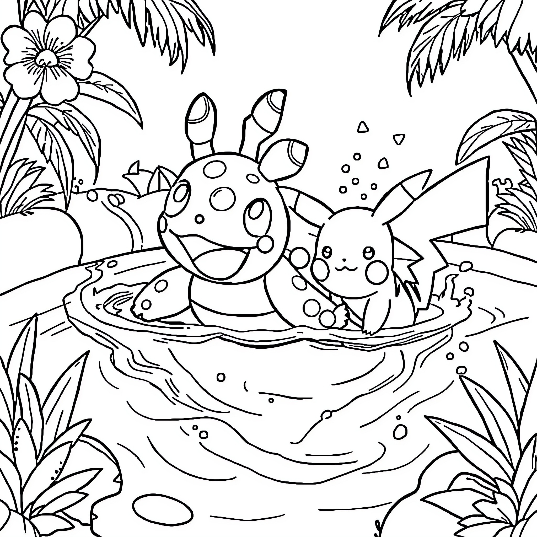 Marsupilami playing in a tropical scene Coloring Page (free black-and-white line drawing printable PDF for all, from beginners to advanced learners, including children, teens, adults, and seniors)