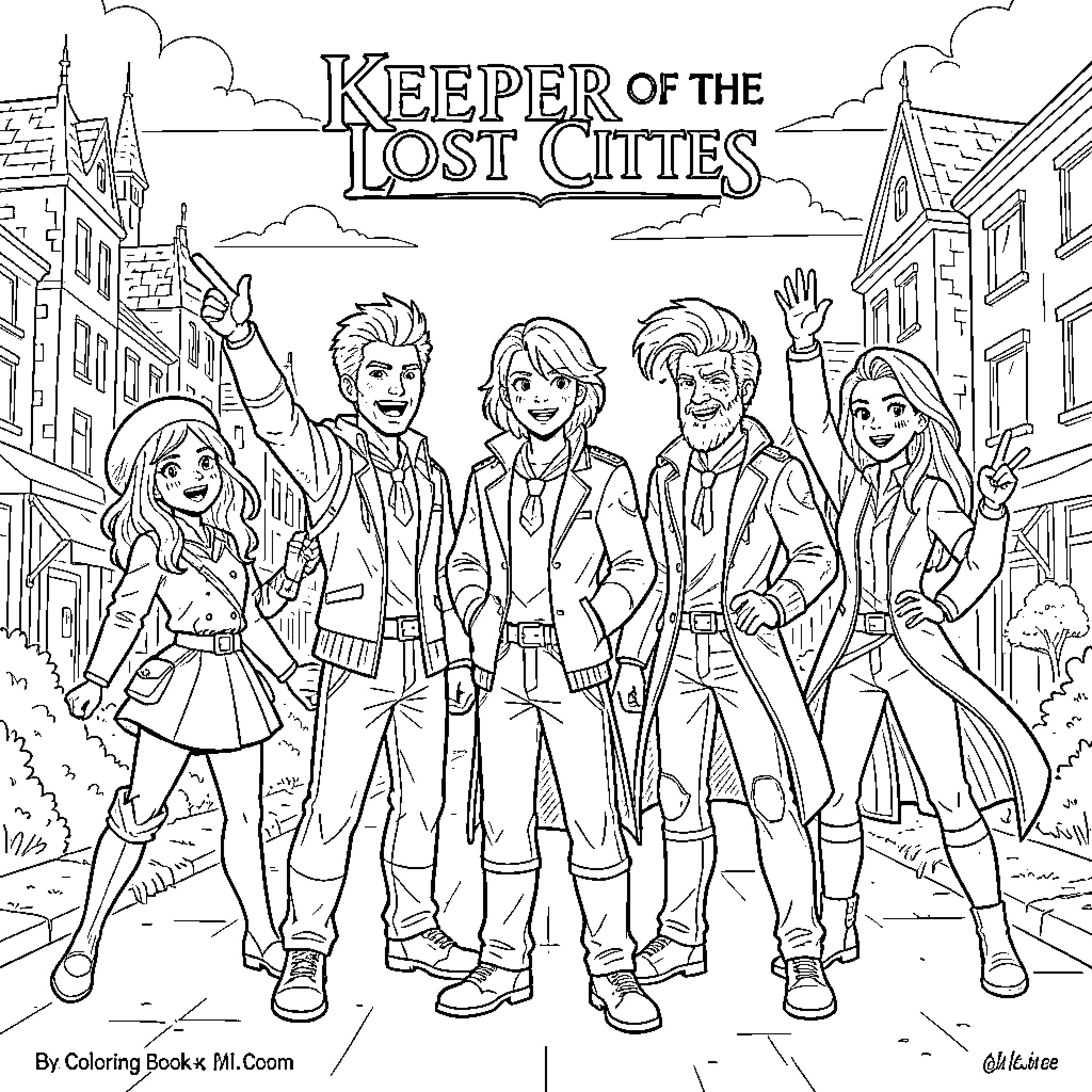 Keeper Of The Lost Cities characters posing together happily Coloring Page (free black-and-white line drawing printable PDF for all, from beginners to advanced learners, including children, teens, adults, and seniors)