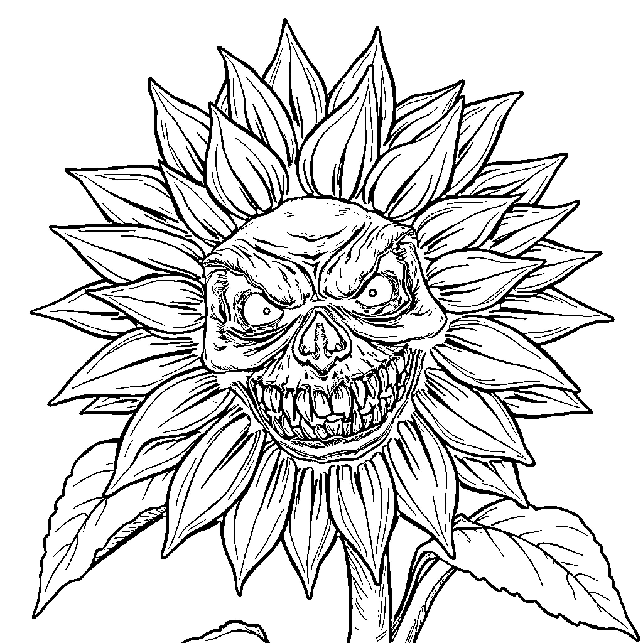 Sunflower with Scary Face and Expression Coloring Page (free black-and-white line drawing printable PDF for all, from beginners to advanced learners, including children, teens, adults, and seniors)