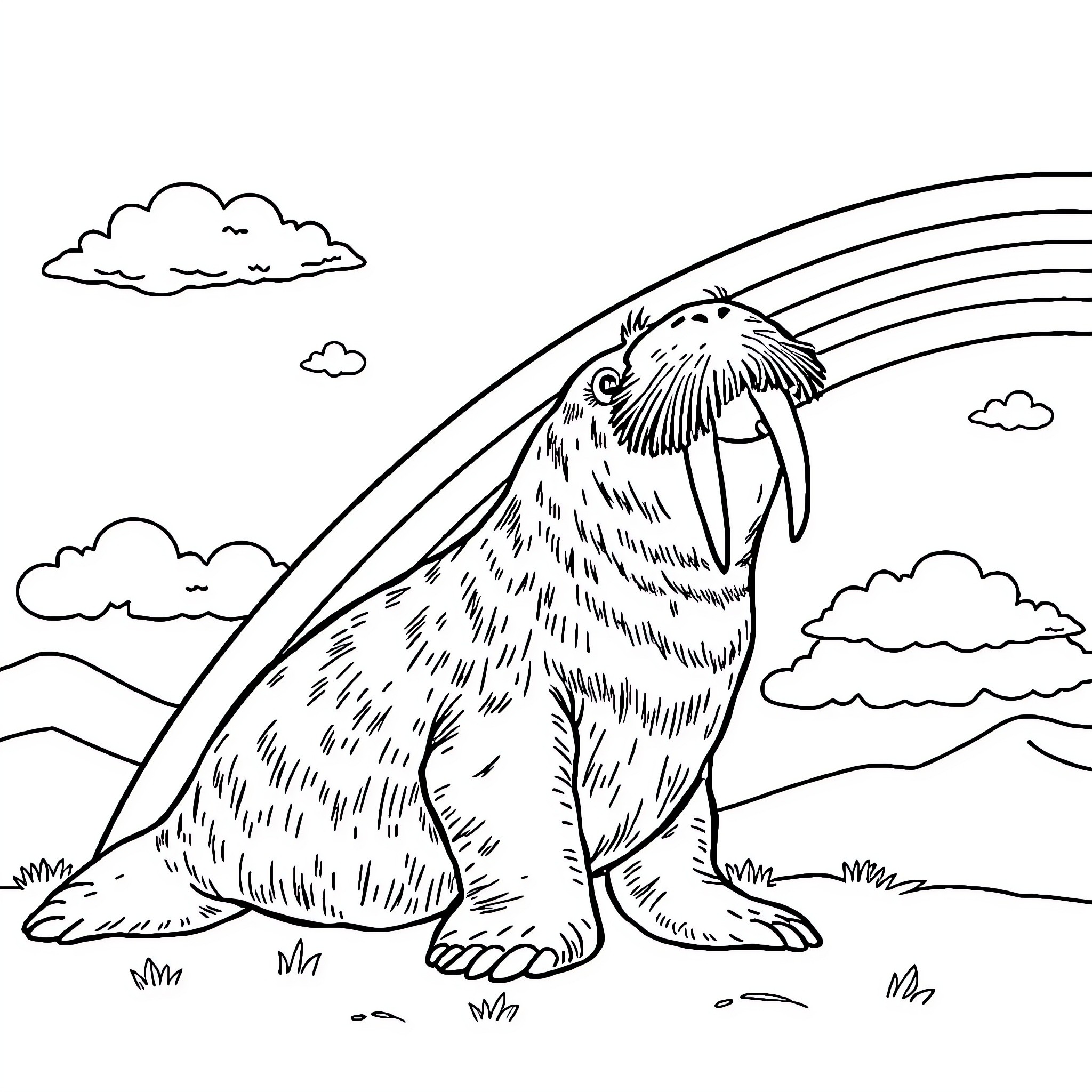 Walrus enjoying the rainbow outdoors Coloring Page (free black-and-white line drawing printable PDF for all, from beginners to advanced learners, including children, teens, adults, and seniors)
