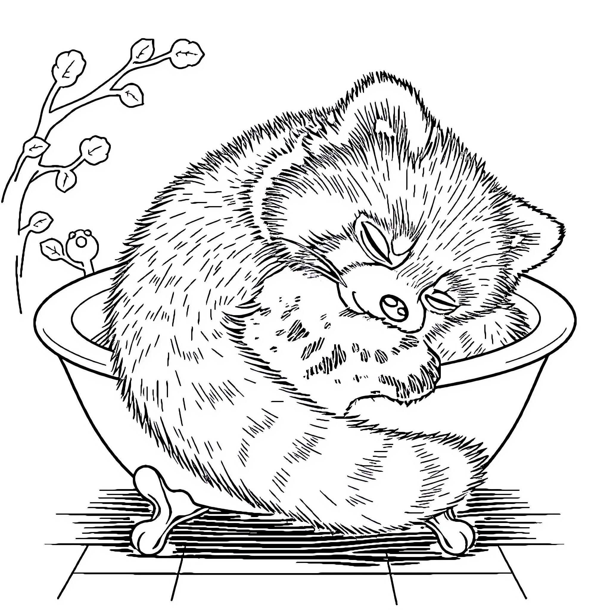 Panda resting peacefully in a bowl Coloring Page (free black-and-white line drawing printable PDF for all, from beginners to advanced learners, including children, teens, adults, and seniors)