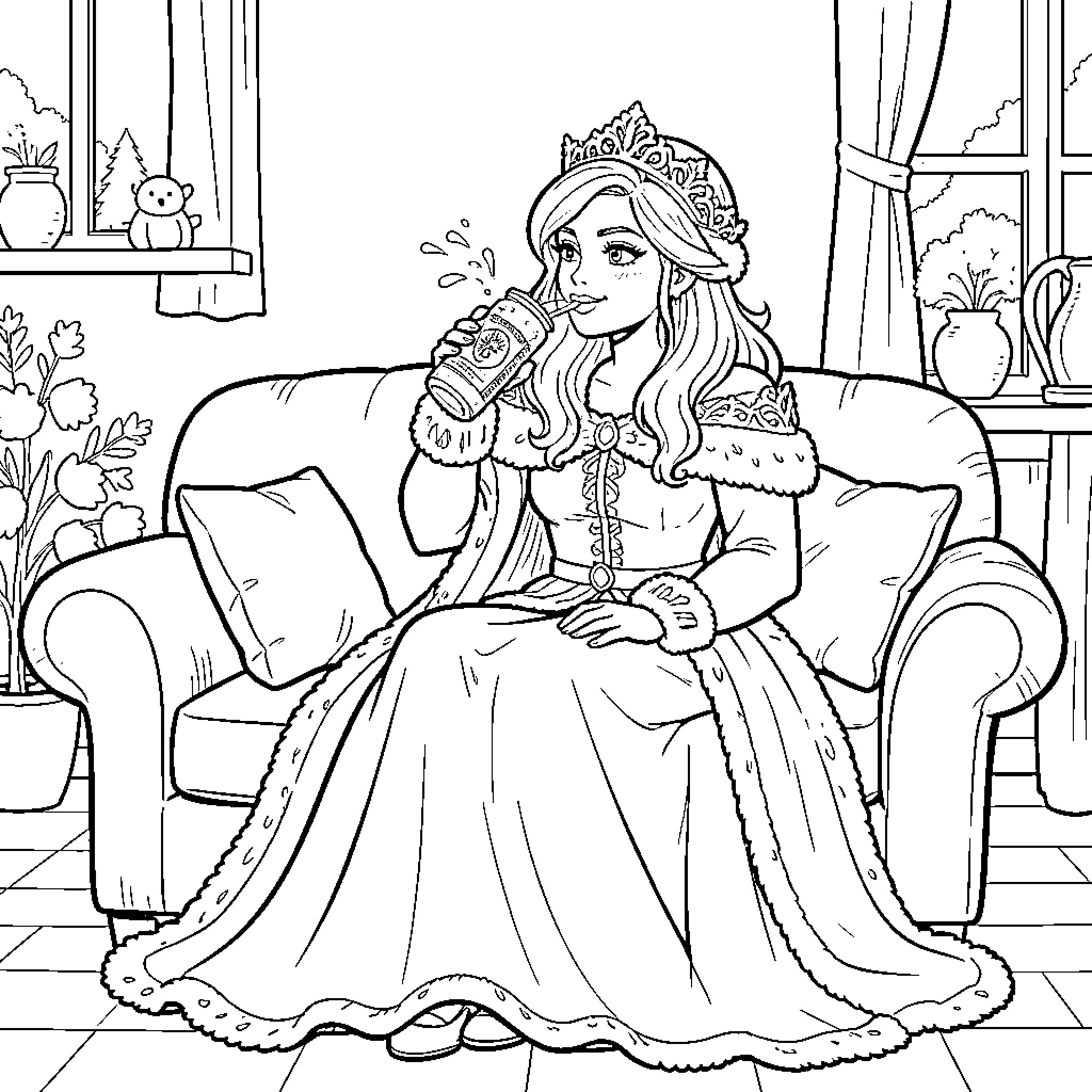 Reine des Neiges: Princess enjoying a cozy afternoon Coloring Page (free black-and-white line drawing printable PDF for all, from beginners to advanced learners, including children, teens, adults, and seniors)