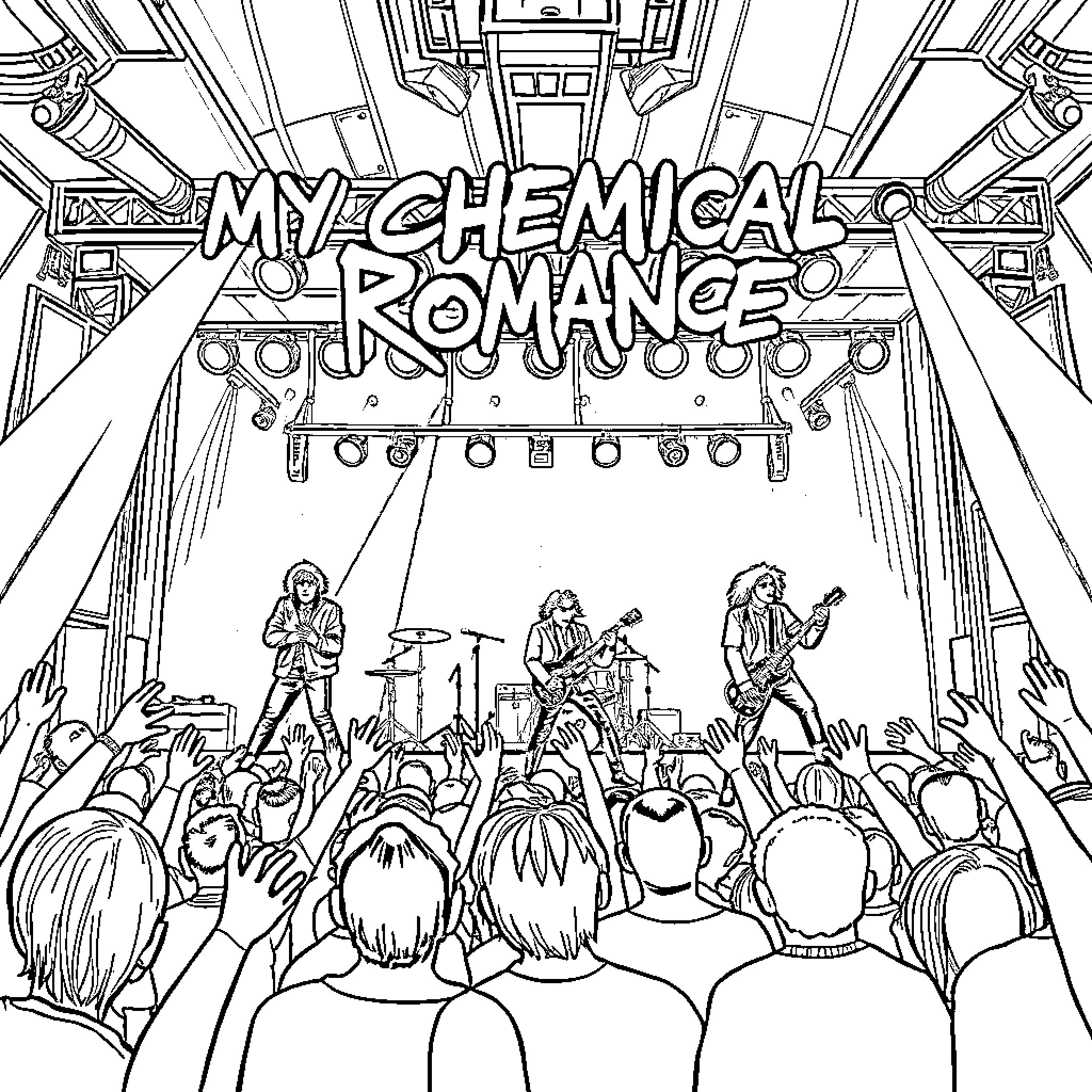 My Chemical Romance Performing on Stage Coloring Page (free black-and-white line drawing printable PDF for all, from beginners to advanced learners, including children, teens, adults, and seniors)
