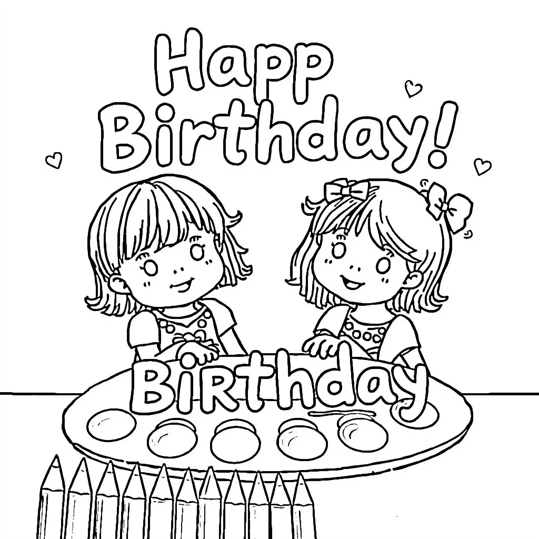 Art Pallet Happy Birthday with Cheerful Girls Coloring Page (free black-and-white line drawing printable PDF for all, from beginners to advanced learners, including children, teens, adults, and seniors)