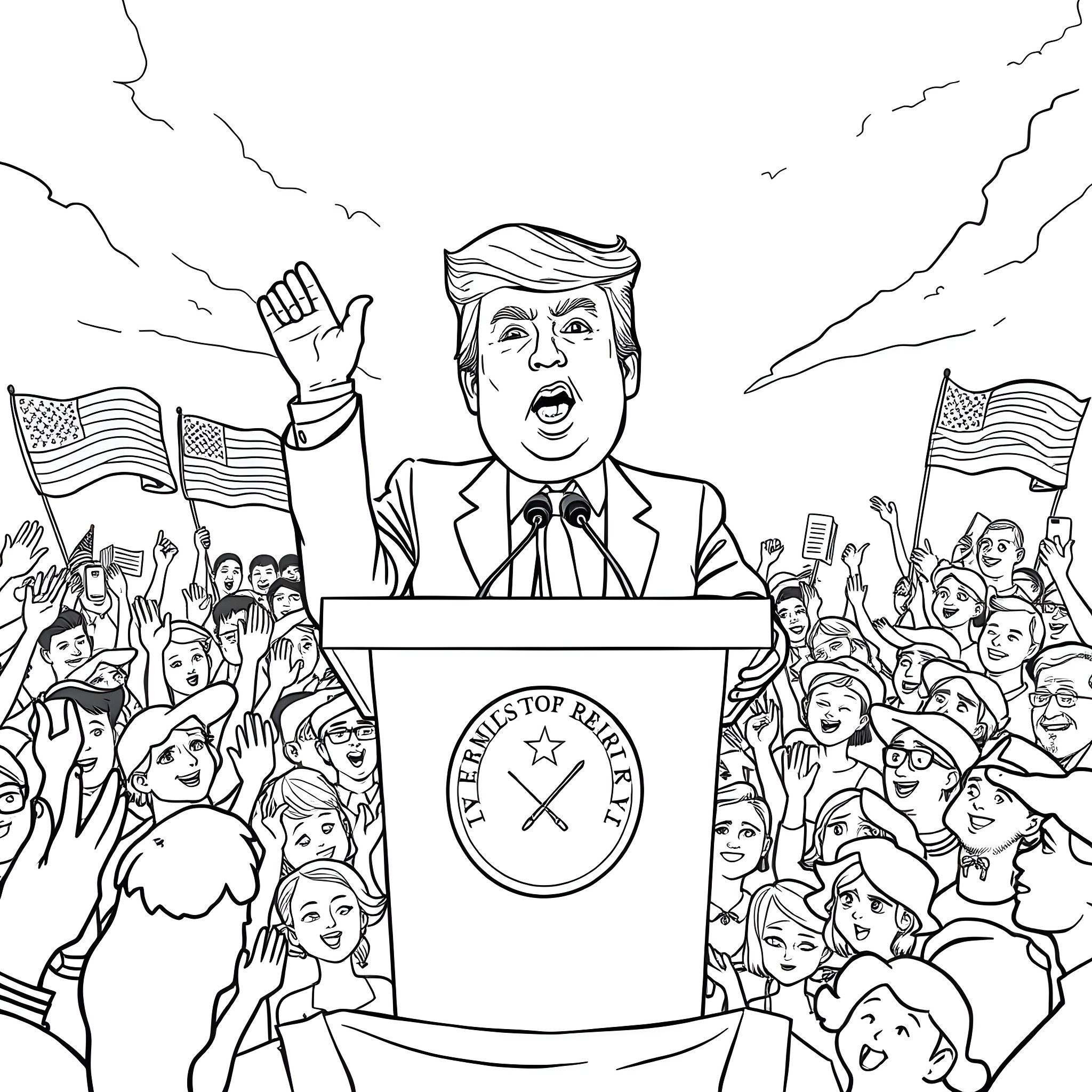 Donald Trump delivering a speech at a rally with cheering supporters Coloring Page (free black-and-white line drawing printable PDF for all, from beginners to advanced learners, including children, teens, adults, and seniors)