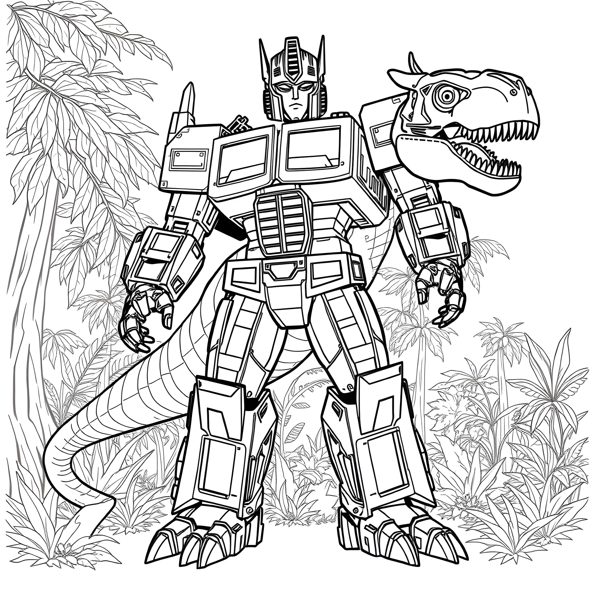Dinosaur robot warrior fighting in the jungle Coloring Page (free black-and-white line drawing printable PDF for all, from beginners to advanced learners, including children, teens, adults, and seniors)