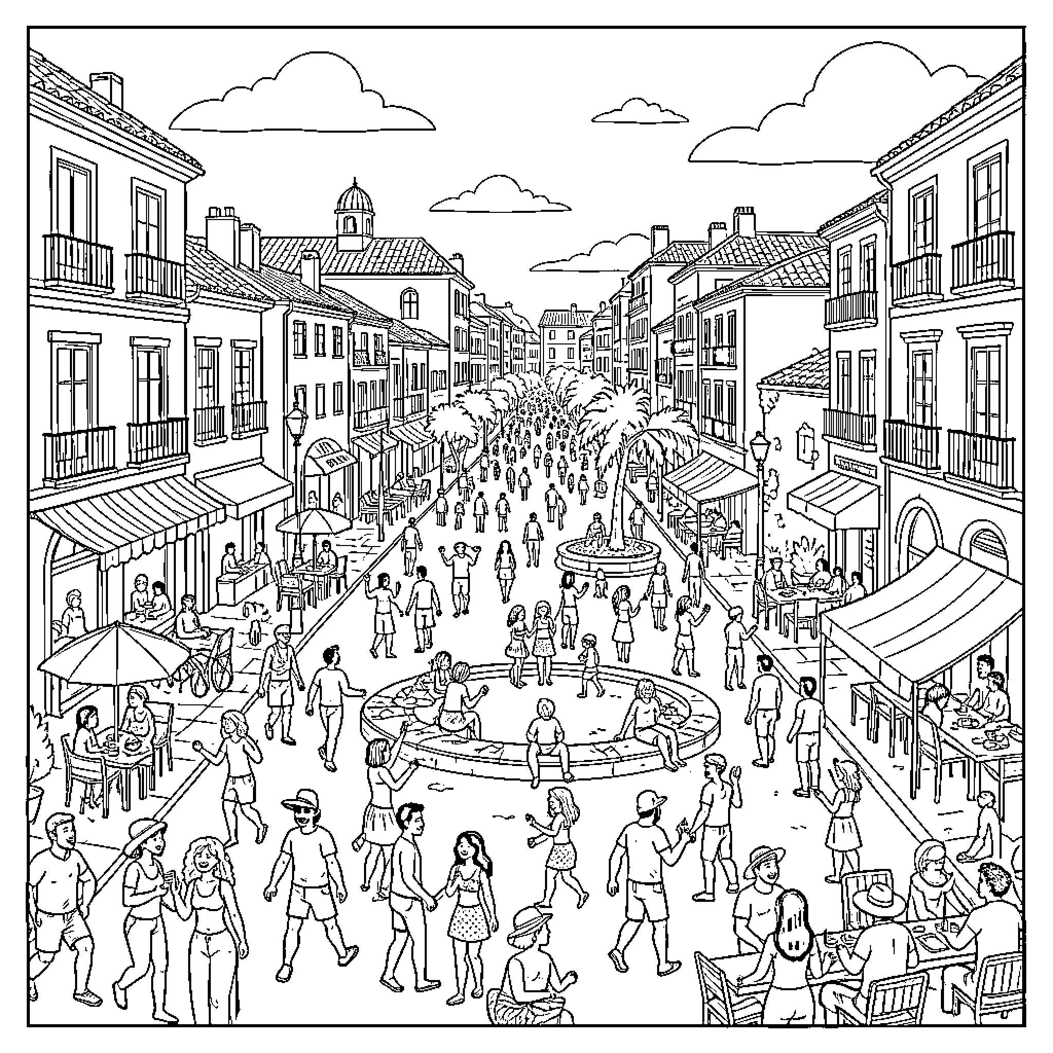City bustling with lively street scenes and activities Coloring Page (free black-and-white line drawing printable PDF for all, from beginners to advanced learners, including children, teens, adults, and seniors)