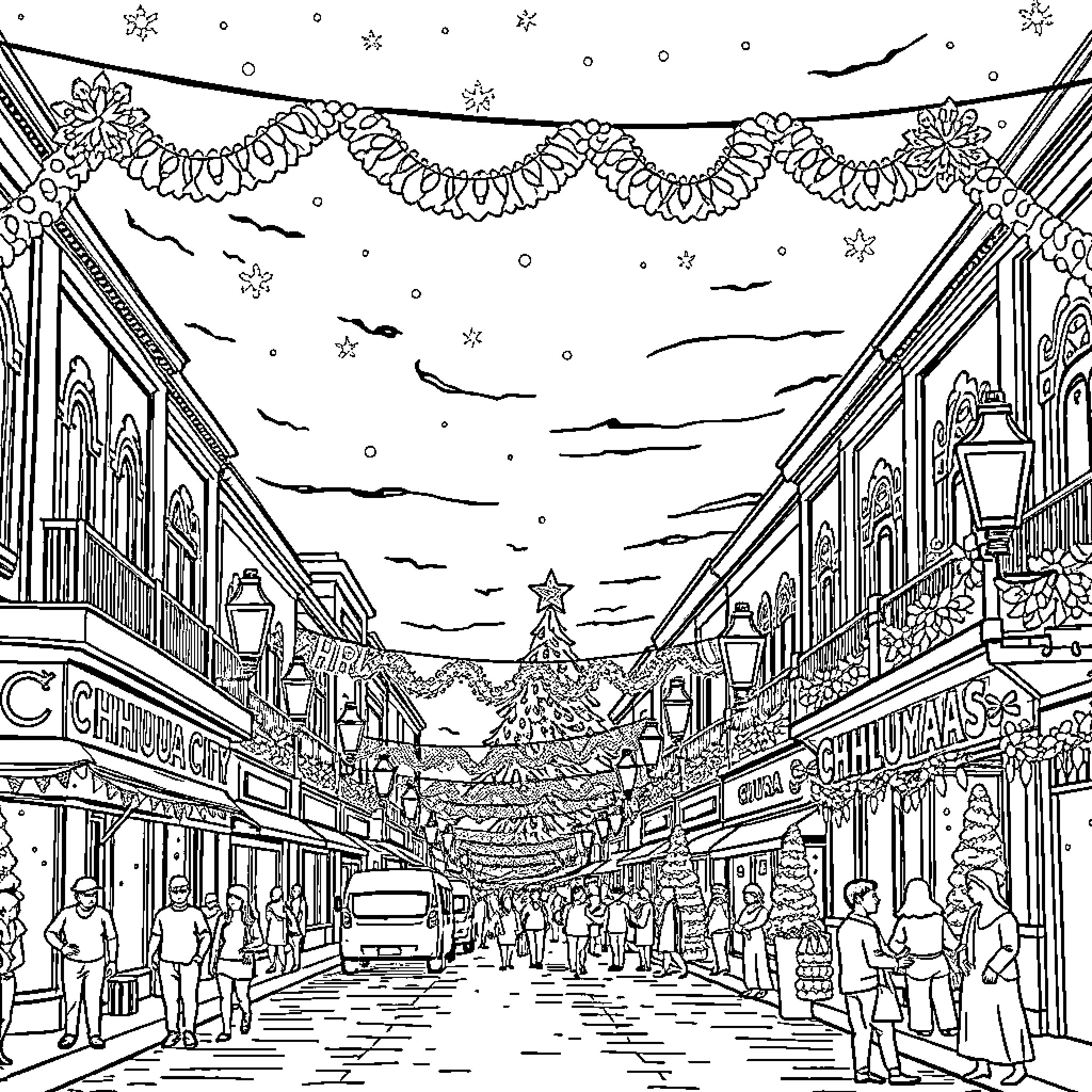 Chihuahua's Vibrant Street Celebration Coloring Page (free black-and-white line drawing printable PDF for all, from beginners to advanced learners, including children, teens, adults, and seniors)