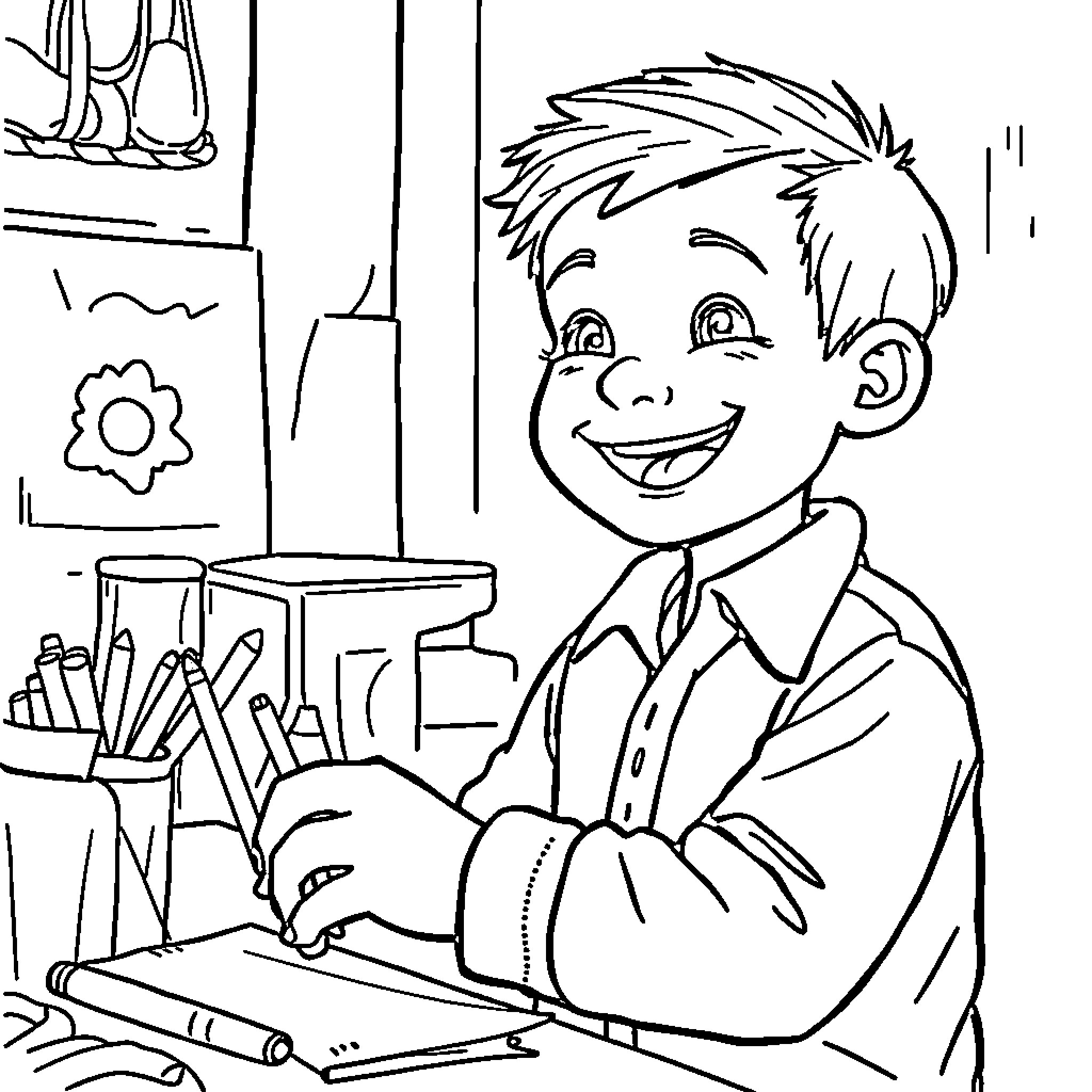 Boy happily drawing and coloring in a classroom Coloring Page (free black-and-white line drawing printable PDF for all, from beginners to advanced learners, including children, teens, adults, and seniors)