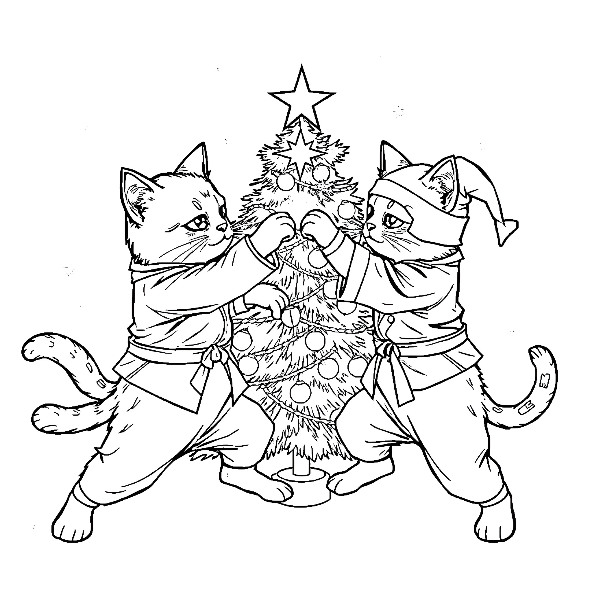 Cats decorating a Christmas tree Coloring Page (free black-and-white line drawing printable PDF for all, from beginners to advanced learners, including children, teens, adults, and seniors)