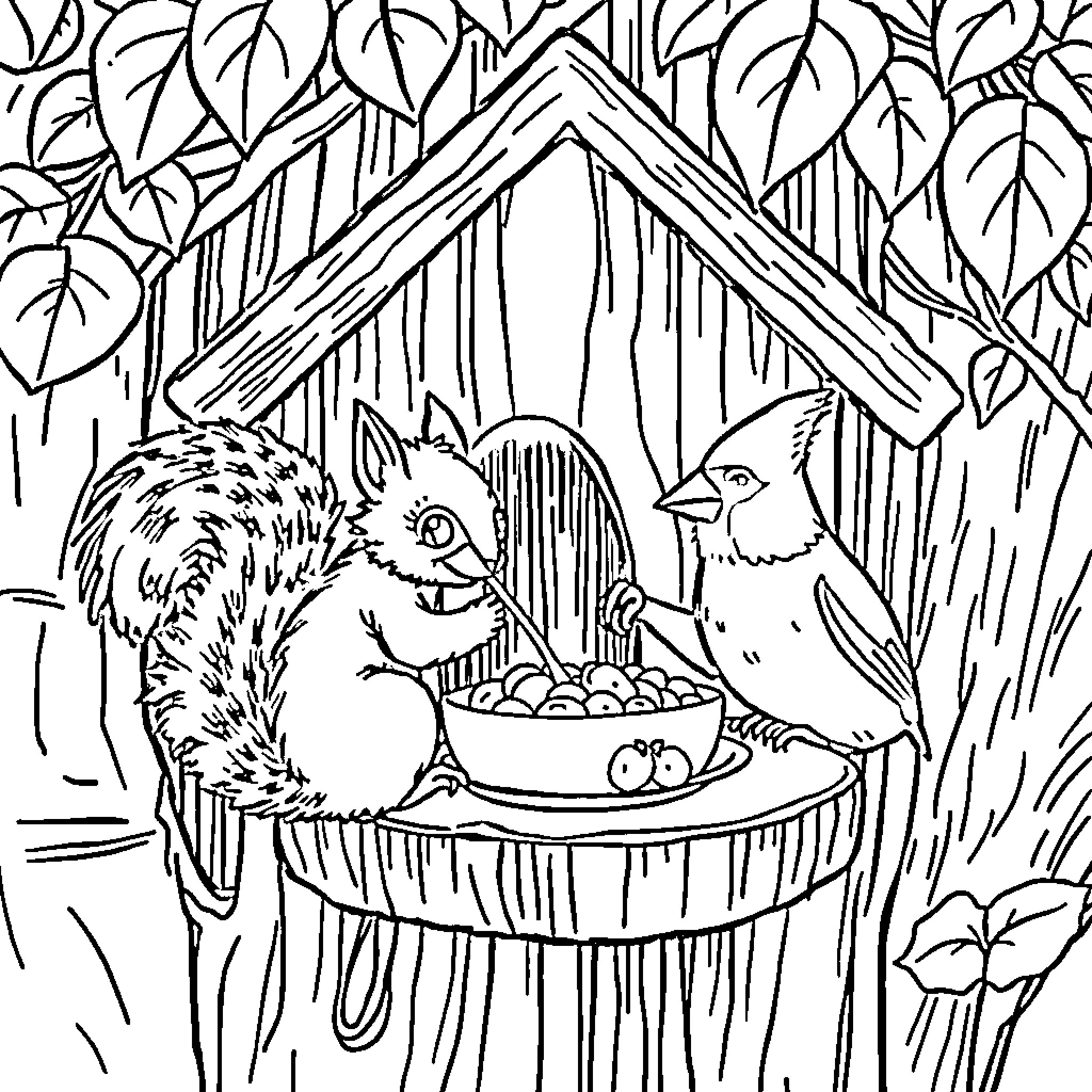Cardinal Squirrel and Bird Sharing Meal in Forest Coloring Page (free black-and-white line drawing printable PDF for all, from beginners to advanced learners, including children, teens, adults, and seniors)