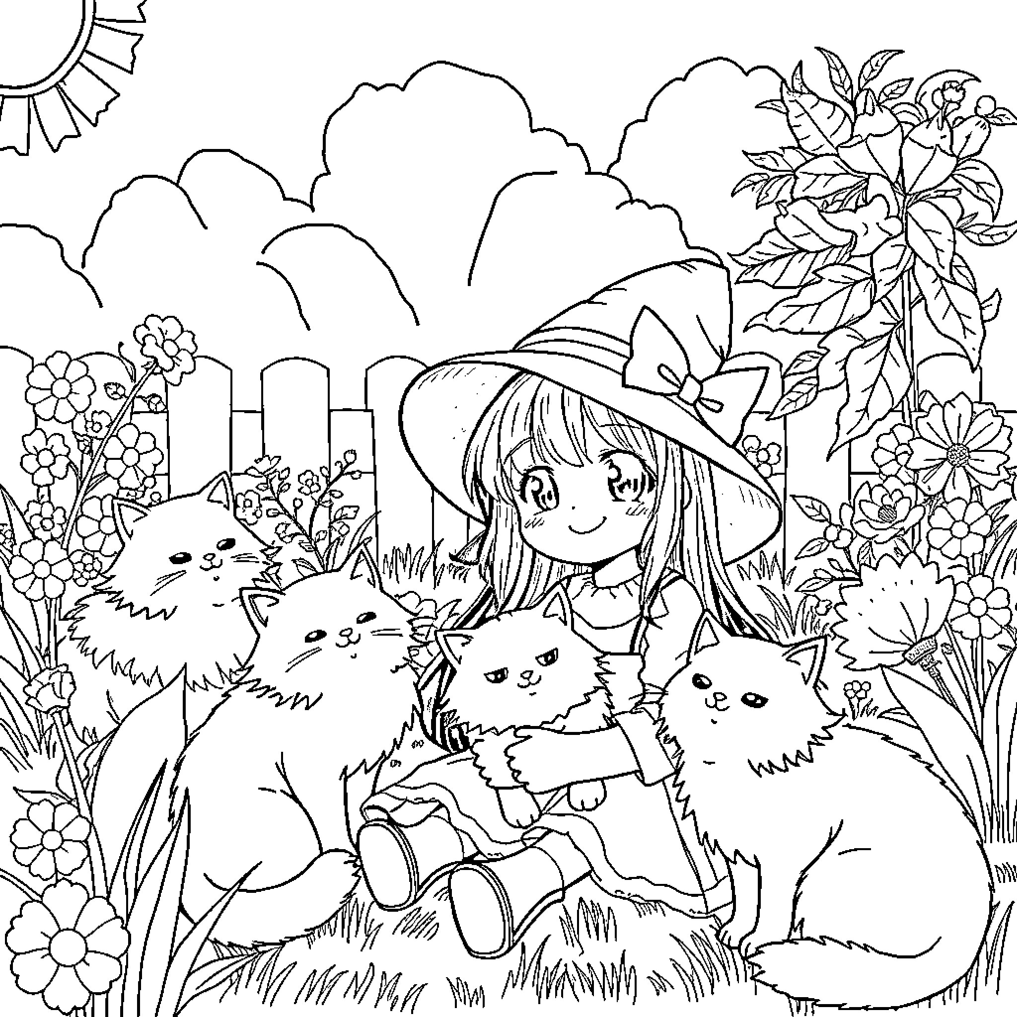 Kuromi surrounded by playful cats in a garden Coloring Page (free black-and-white line drawing printable PDF for all, from beginners to advanced learners, including children, teens, adults, and seniors)