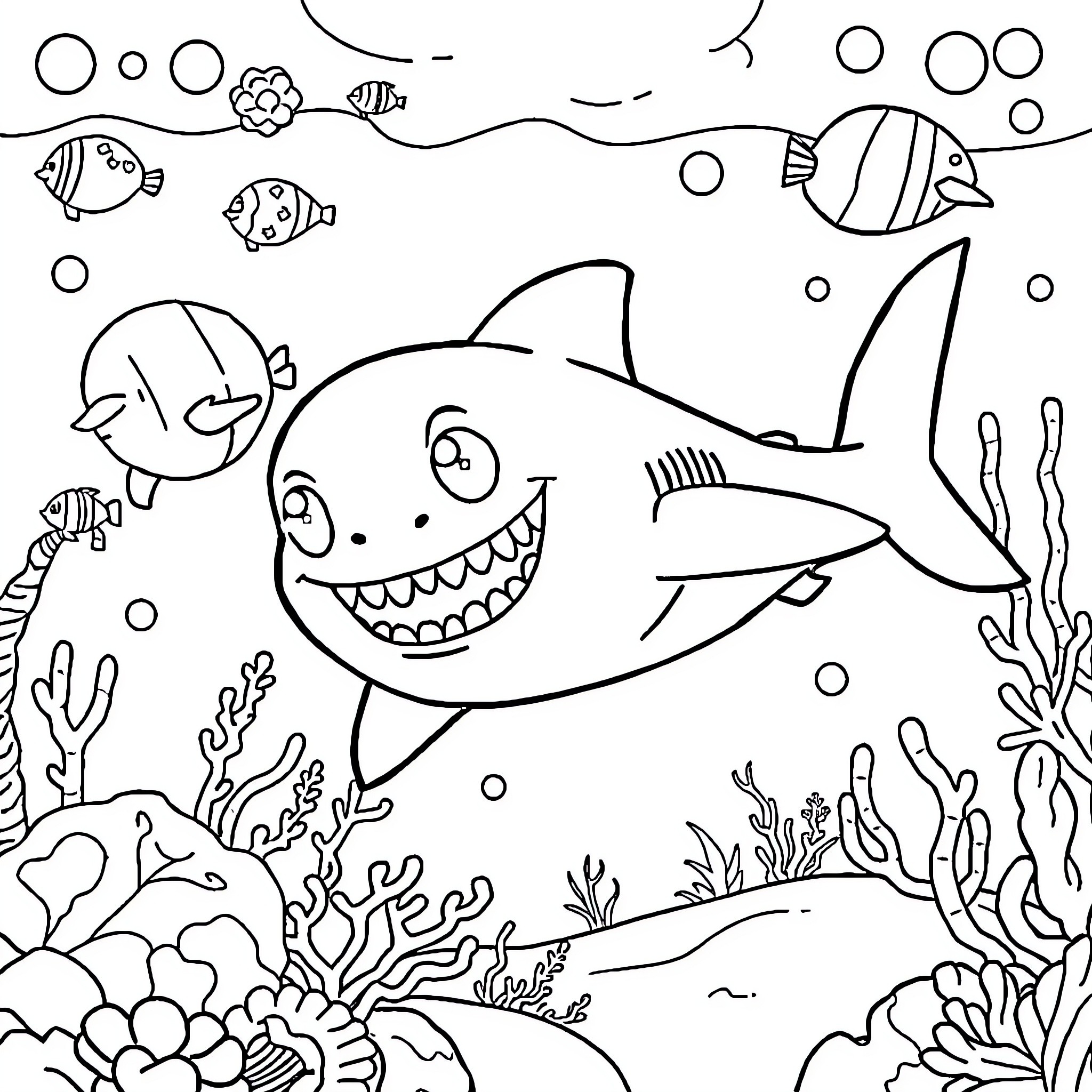 Baby Shark swimming with friends in the ocean Coloring Page (free black-and-white line drawing printable PDF for all, from beginners to advanced learners, including children, teens, adults, and seniors)