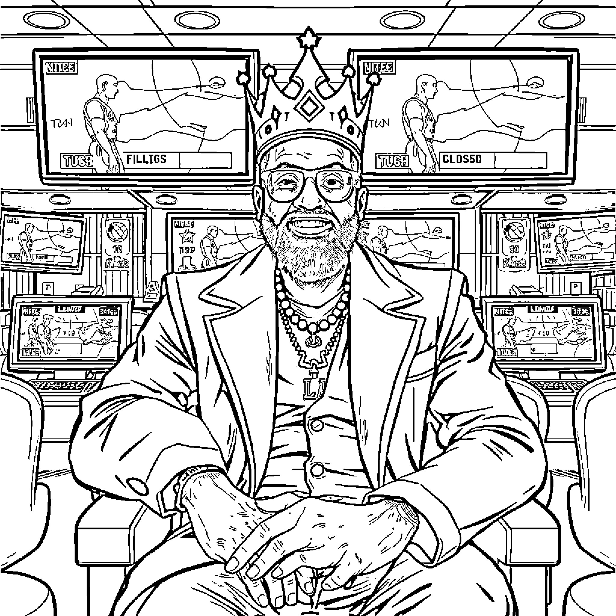 NBA Arcade King Presiding Over His Domain Coloring Page (free black-and-white line drawing printable PDF for all, from beginners to advanced learners, including children, teens, adults, and seniors)